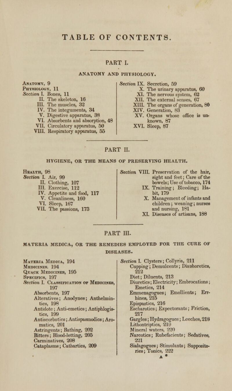 TABLE OF CONTENTS. PART I. ANATOMY AND PHYSIOLOGY. Anatomy, 9 Physiology, 11 Section I. Bones, 11 II. The skeleton, 16 III. The muscles, 32 IV. The integuments, 34 V. Digestive apparatus, 38 VI. Absorbents and absorption, 48 VII. Circulatory apparatus, 50 VIII. Respiratory apparatus, 55 Section IX. Secretion, 59 X. The urinary apparatus, GO XI. The nervous system, 62 XII. The external senses, 67 XIII. The organs of generation, 80 XIV. Generation, 83 XV. Organs whose office is un- known, 87 XVI. Sleep, 87 PART II. HYGIENE, OR THE MEANS OF PRESERVING HEALTH. Health, 98 Section I. Air, 99 n. Clothing, 107 ILL Exercise, 112 IV. Appetite and food, 117 V. Cleanliness, 160 VL Sleep, 167 VLL The passions, 173 Section VIII. Preservation of the hair, sight and feet; Care of the bowels; Use of tobacco, 174 IX. Training; Bleeding; Ha- bit, 179 X. Management of infants and children; weaning; nurses and nursing, 181 XL Diseases of artisans, 188 PART III. MATERIA MEDICA, OR THE REMEDIES EMPLOYED FOR THE CURE OF DISEASES. Materia Medica, 194 Medicines. 194 Quack Medicines, 195 Specifics, 197 Section I. Classification of Medicines, 197 Absorbents, 197 Alteratives; Anodynes; Anthelmin- tics, 198 Antidote; Anti-emetics; Antiphlogis- tics, 199 Antiscorbutics; Antispasmodics; Aro- matics, 201 Astringents; Bathing, 202 Bitters; Blood-letting, 205 Carminatives, 208 Cataplasms; Cathartics, 209 Section I. Clysters; Collyria, 211 Cupping; Demulcents; Diaohoretics, 212 Diet; Diluents, 213 Diuretics; Electricity; Embrocations; Emetics, 214 Emmenagogues; Emollients; Err- hines, 215 Epispastics, 216 Escharotics; Expectorants; Friction, 217 Gargles; Hydragogues; Leeches, 218 Lithontriptics, 219 Mineral waters, 220 Narcotics; Rubefacients; Sedatives, 221 Sialagogues; Stimulants; Supposito- ries ; Tonics, 222