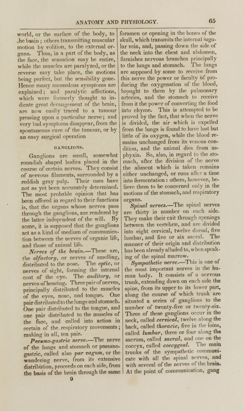 world, or the surface of the body, to .he brain ; others transmitting muscular motion by volition, to the external or- gans. Thus, in a part of the body, as the face, the sensation may be entire, while the muscles are paralyzed, or the reverse may take place, the motions being perfect, but the sensibility gone foramen or opening in the bones of the skull, which transmits the internal iugu- lar vein, and, passing down the side of the neck into the chest and abdomen, furnishes nervous branches principally to the lungs and stomach. The lungs are supposed by some to receive from this nerve the power or faculty of pro- Hence many anomalous symptoms are ducing the oxygenation of the blood, explained; and paralytic affections, which were formerly thought to in- dicate great derangement of the brain, are now easily traced to a tumour pressing upon a particular nerve; and very bad symptoms disappear, from the spontaneous cure of the tumour, or by an easy surgical operation GANGLIONS. Ganglions are small, somewhat roundish shaped bodies placed in the course of certain nerves. They consist of nervous filaments, surrounded by a reddish gray pulp. Their uses have not as yet been accurately determined. The most probable opinion that has been offered in regard to their functions is, that the organs whose nerves pass through the ganglions, are rendered by the latter independent of the will. By some, it is supposed that the ganglions act as a kind of medium of communica- tion between the nerves of organic life, and those of animal life. Nerves of the brain.—These are, the olfactory, or nerves of smelling, distributed to the nose. The optic, or nerves of sight, forming the internal coat of the eye. The auditory, or nerves of hearing. Three pair of nerves, principally distributed to the muscles of the eyes, nose, and tongue. One pair distributed to thelungs and stomach. One pair distributed to the tongue, and one pair distributed to the muscles of the face, and called into action in certain of the.respiratory movements; making in all, ten pair. Pneumo-gastric nerve.—The nerve of the lungs and stomach or pneumo- gastric, cailed also par vagum, or the wandering nerve, from its extensive distribution, proceeds on each side, from the basis of the brain through the same 9 brought to them by the pulmonary arteries, and the stomach to receive from it the power of converting the food into chyme. This is attempted to be proved by the fact, that when the nerve is divided, the air which is expelled from the lungs is found to have lost but little of its oxygen, while the blood re- mains unchanged from its venous con- dition, and the animal dies from as- phyxia. So, also, in regard to the sto- mach, after the division of the nerve the aliment which is taken remains either unchanged, or runs after a time into fermentation : others, however, be- lieve them to be concerned only in the motions of the stomach, and respiratory organs. Spinal nerves.—The spinal nerves are thirty in number on each side. They make their exit through openings between the vertebrse, and are divided into eight cervical, twelve dorsal, five lumbar, and five or six sacral. The manner of their origin and distribution has been already alluded to, when speak- ing of the spinal marrow. Sympathetic nerve.—This is one of the most important nerves in the hu- man body. It consists of a nervous trunk, extending down on each side the spine, from its upper to its lower part, along the course of which trunk are situated a series of ganglions to the number of twenty-five or twenty-six. Three of these ganglions occur in the neck, called cervical, twelve along the back, called thoracic, five in the loins, called lumbar, three or four along the sacrum, called sacral, and one on the coccyx, called coccygeal. The main trunks of the sympathetic communi- cate with all the spinal nerves, and with several of the nerves of the brain. At the point of communication, gang