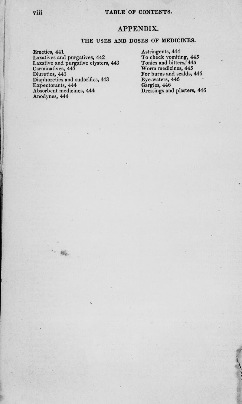 APPENDIX. THE USES AND DOSES OF MEDICINES. Emetics, 441 Astringents, 444 Laxatives and purgatives, 442 To check vomiting, 445 Laxative and purgative clysters, 443 Tonics and bitters,' 445 Carminatives, 443 Worm medicines, 445 Diuretics, 443 For burns and scalds, 446 Diaphoretics and sudorifics, 443 Eye-waters, 446 Expectorants, 444 Gargles, 446 Absorbent medicines, 444 Dressings and plasters, 446 Anodynes, 444