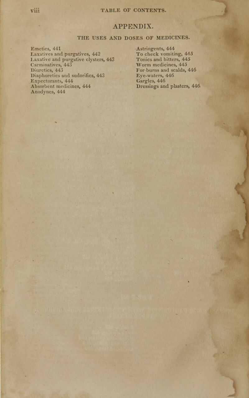 APPENDIX. THE USES AND DOSES OF MEDICINES. Emetics, 441 Astringents, 444 Laxatives and purgatives, 442 To check vomiting, 4^-5 Laxative and purgative clysters, 443 Tonics and bitters, 445 Carminatives, 443 Worm medicines, 445 Diuretics, 443 For burns and scalds, 446 Diaphoretics and sudorifics, 443 Eye-waters, 446 Expectorants, 444 Gargles, 446 Absorbent medicines, 444 Dressings and plasters, 446 Anodynes, 444