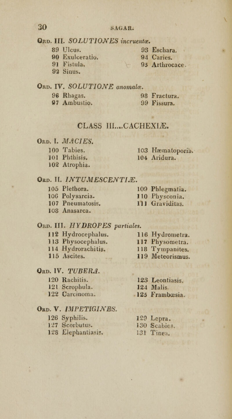 Ord. III. S0LUT10NES memento:. 89 Ulcus. 93 Eschara. 90 Exulceratio, 94 Caries. 91 Fi&tula. 95 Arthrocace 92 Sinus. Ord. IV. SOLUTIONE anomalat. 96 Rhagas. 97 Ambustio. 98 Fractura. 99 Fissura. CLASS III....CACHEXLE. Ord. I. MACIES. 100 Tabies. 101 Phthisis. 102 Atrophia. Ord. II. INTUMESCENTIJE. 103 Haematoporia* 104 Aridura. 105 Plethora. 10C Polysarcia. 107 Pneumatosis. 108 Anasarca. 109 Phlegmatia. 110 Physconia. 111 Graviditas. Ord. III. HYDROPES partiales. 112 Hydrocephalus. 116 Hydronietra. 113 Physocephalus. 117 Physometra. 114 Hydrorachitis. 118 Tympanites. 115 Ascites. 119 Meteorisraus. Ord. IV. TUBERS. 120 Rachitis. 121 Scrophula. 122 Carcinoma. 123 Leontiasis. 124 Malis. 125 Frambcesia. Ord. V. IMPETIGIJVBS. 126 Syphilis. 127 Scorbutus. 128 Elephantiasis. 129 Lepra. 130 Scabies. 131 Tinea.