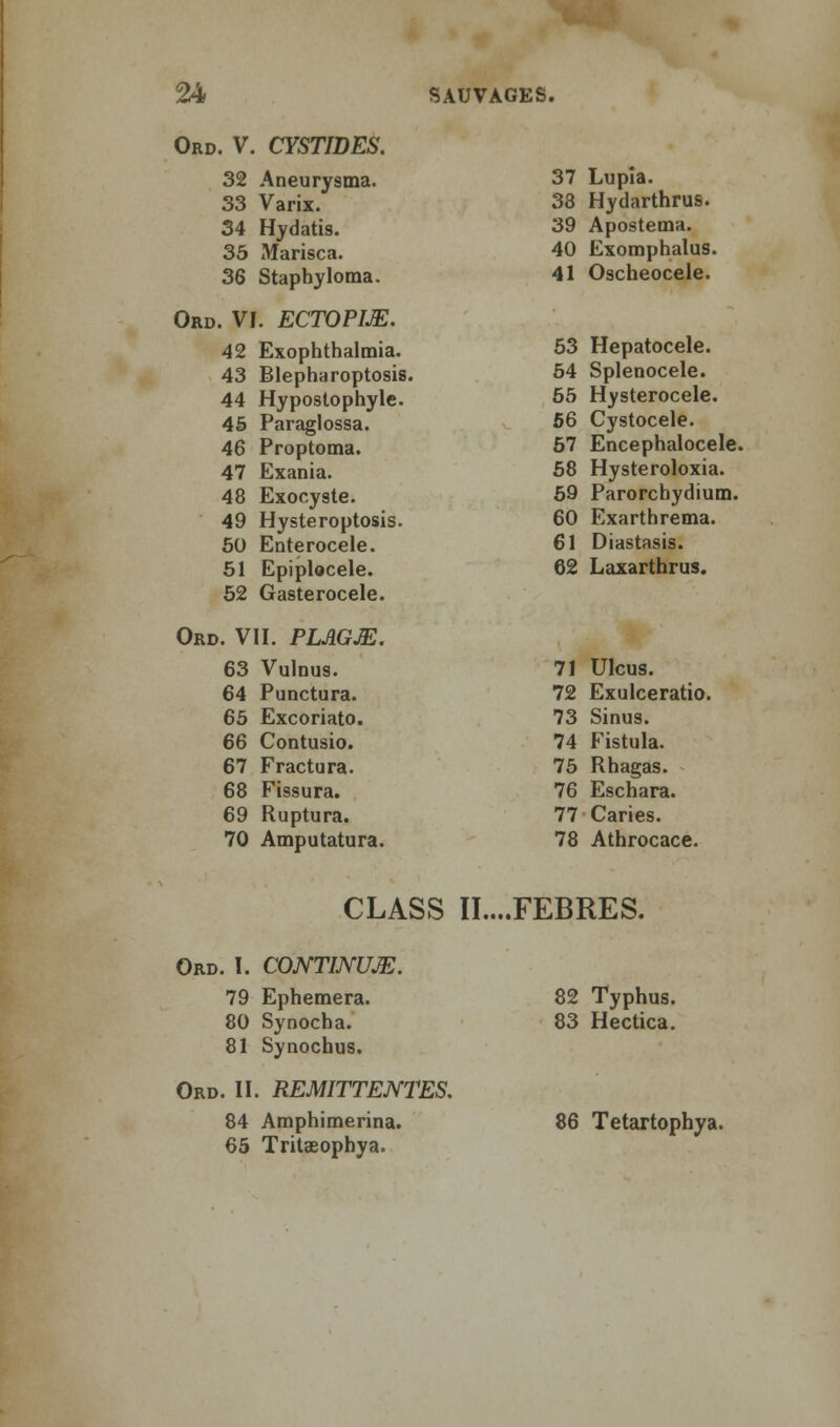 Ord. V. CYSTIDES. 32 Aneurysma. 33 Varix. 34 Hydatis. 35 Marisca. 36 Staphyloma. Ord. VI. ECTOPIJE. 42 Exophthalmia. 43 Blepharoptosis. 44 Hypostophyle. 45 Paraglossa. 46 Proptoma. 47 Exania. 48 Exocyste. 49 Hysteroptosis. 50 Enterocele. 51 Epiplocele. 52 Gasterocele. Ord. VII. PLAGJE. 63 Vulnus. 64 Punctura. 65 Excoriato. 66 Contusio. 67 Fractura. 68 Fissura. 69 Ruptura. 70 Amputatura. 37 Lupia. 33 Hydarthrus. 39 Apostema. 40 Exomphalus. 41 Oscheocele. 53 Hepatocele. 54 Splenocele. 55 Hysterocele. 56 Cystocele. 57 Encephalocele. 58 Hysteroloxia. 59 Parorchydium. 60 Exarthrema. 61 Diastasis. 62 Laxarthrus. 71 Ulcus. 72 Exulceratio. 73 Sinus. 74 Fistula. 75 Rhagas. 76 Eschara. 77 Caries. 78 Athrocace. CLASS II....FEBRES. Ord. I. CONT1NUJE. 79 Ephemera. 80 Synocha. 81 Synochus. Ord. II. REMITTENTES. 84 Amphimerina. 65 Tritaeophya. 82 Typhus. 83 Hectica. 86 Tetartophya.