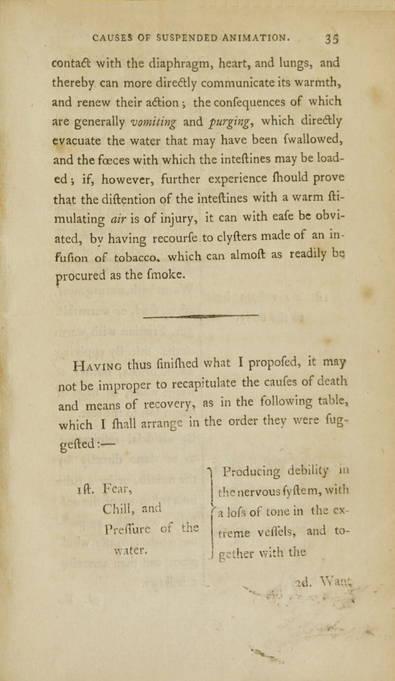 contact with the diaphragm, heart, and lungs, and thereby can more directly communicate its warmth, and renew their action •, the confequences of which are generally vomiting and purging, which directly evacuate the water that may have been fwallowed, and the faeces with which the inteftines may be load- ed i if, however, further experience mould prove that the diftention of the inteftines with a warm fti- mulating air is of injury, it can with eafe be obvi- ated, by having recourfe to clyfters made of an in- fufion of tobacco, which can almoft as readily be procured as the fmoke. Having thus finimed what I propofed, it may not be improper to recapitulate the caufes of death and means of recovery, as in the following table, which I mall arrange in the order they were fug- gefted:— i ft. Fear, Chill, and Preflure of the v iter. Producing debility in the nervous fyftem, with a Jofsof tone in the e> tferae veifels, and to- her with the ui. Wan.;