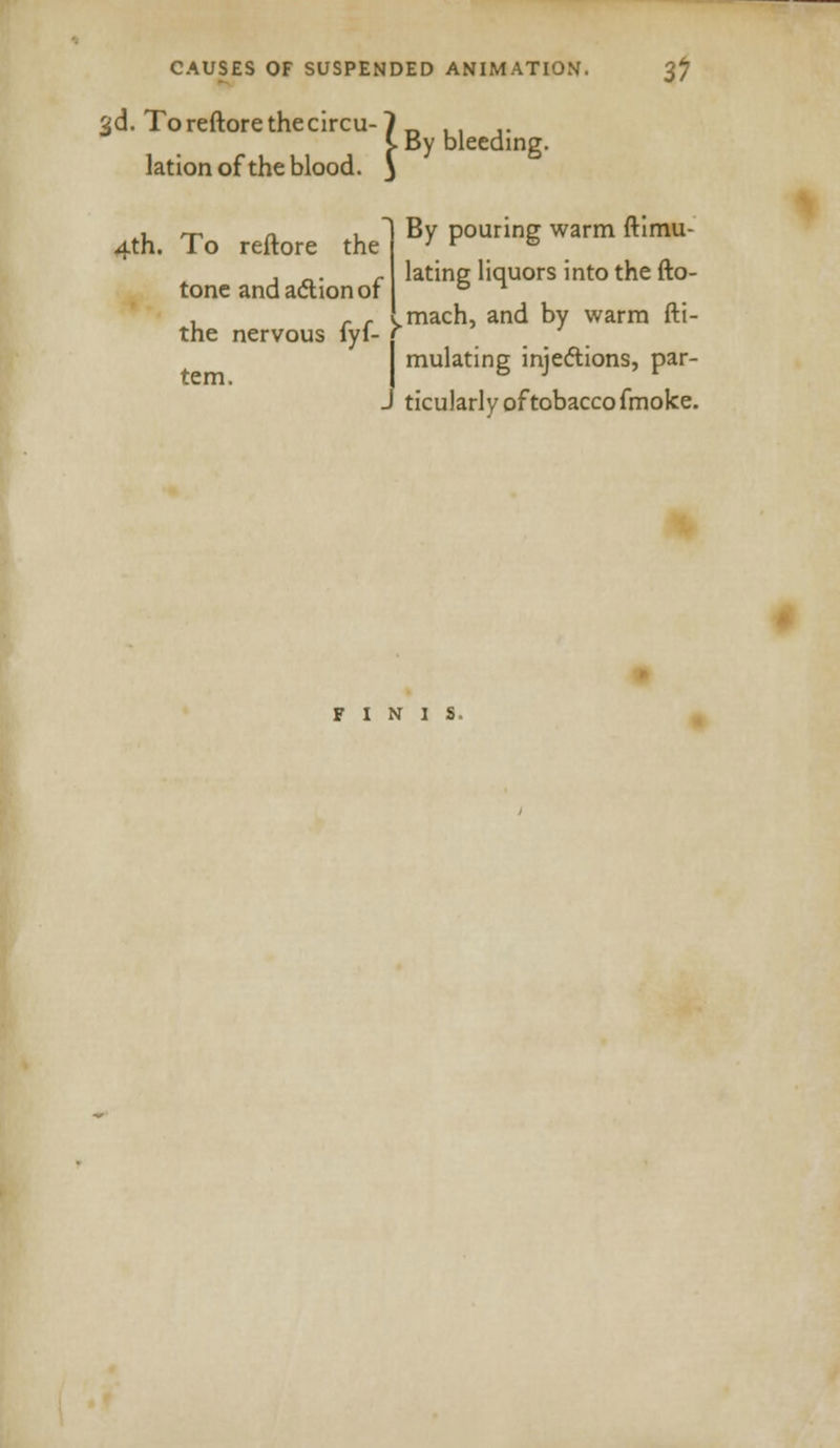 3d. Toreftorethecircu- By bleeding. lation of the blood. ' By pouring warm ftimu- lating liquors into the fto- , r r v mach, and by warm fti- the nervous iyl- f mulating injections, par- ticularly of tobacco fmoke. 4th. To reftore the tone and action of tern. FINIS.