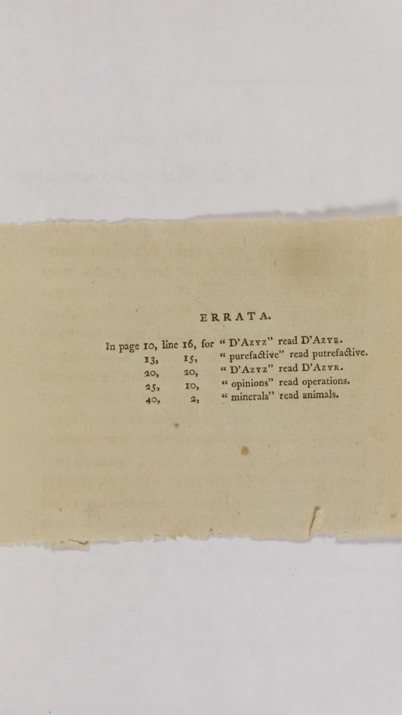 ERRATA. In page 10, line x6, for « D'Azvz read D'Azt*. I5) « purefaaive read putrefadive. zo, ao, D'Azyz readD'AzvR. IOj « opinions read operations. 40, a,  minerals read animals.