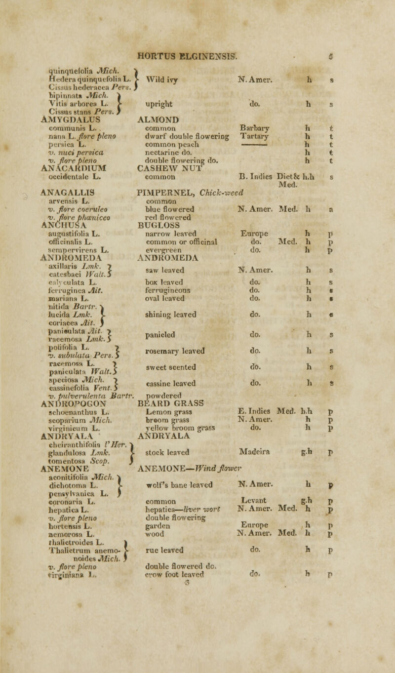 quinquefolia Mich. Hedera quinquefolia L. 1 } Wild ivy N. Amer. h s Cissaa hederaoea J'ern. ) bipinnata Mich. \ Vitis arborea L. > upright do. h s Cisms stans Peru. ) AMYGDALUS ALMOND communis L. common Barbary h t nana L,. flore plena dwarf double flowering Tartary fa t persica L. common peach h t v. nuci persica nectarine do. h ( i>. ftore pleno double flowering do. h t ANACARDIUM CASHEW NUT occidentale L. common B. Indies Diet& h.h s Med. ANAGALLIS PIMPERNEL, Chick-w eed arvensis L. common v. flore coeruleo blue flowered N. Amer. Med. h a v. flore phwniceo /VNCHUSA red flowered BUGLOSS augustifolia L. narrow leaved Europe h r officinalis L. common or officinal do. Med. h P sempervirens L. evergreen do. h p ANDROMEDA ANDROMEDA axillaris I.mk. 7 catesbaei Walt. 5 saw leaved N. Amer. h s ' ulata L. box leaved do. h R ferruginea Ait. ferrugineous do. h f mar ians L. oval leaved do. h E nitida Bartr. \ lucitla Lmk. K shining leaved do. h t coriacea Ait. j panieulata Ait > racemosa Link. $ panicled do. h s polifnlia L. 7 ■v. subulata Pers. 5 rosemary leaved do. h 8 racemosa L. > paniculate Walt.S sweet scented do. h a speciosa Mich. \ cassinefolia Vent. 5 cassine leaved do. fa s v. pulverulent a Bartr, powdered ANDROPOGON BEARD GRASS schoenanthus L. Lemon grass E.Indies Med. h.h P scoparium Mich. breom grass N. Amer. h r virt*inicum L. yellow broom grass do. h P ANDRYALA ANDRYALA ehdmothifotia VHer. \ glanrlulosa Lmk. stock leaved Madeira gh V tomentosa Scop. j ANEMONE ANEMONE— Wind flower aconitifolia Mich. \ dichotoma L. > wolf's bane leaved N. Amer. fa P pensylvanica L. * coronacia L. common Levant gh P hepatica L. hepatica—liver -wort N. Amer. Med. h P xi. flore pleno double flowering hortensis L. garden Europe h P aemorosa L ■wood N. Amer. Med. fa P thalictroides L. 1 Thafictrum anemo- > rue leaved do. h P noides Mich. J v. flore pleno double flowered do.
