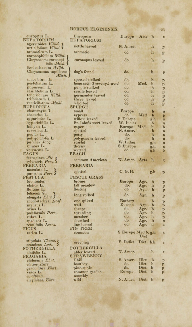 europaus L. European Europe Arts h I EUPA rORIUM EUFATORIUM ageratoides IVilhl. \ urticifolium Willd.$ nettle leaved N. Amer. h r aromaticum L. aromatic do. h p eoronopifoliam Willd > 1 Chry socoai;i coronopi V coronopus leaved do. h p folia Mich J 1 fbeniculaeeura Willd. ) Cbjrysocania capilfacea > dog's fennel do. h p .Mich. ) maoulatum 1. spotted stalked do. h P perfoliaturn L. bone-sett- Thorough-wort do. Med. h P pupureum L. purple stalked do. h p M( ssililVilium L. sessile leaved do. h p teucrifolium Willd. germander leaved do. h p trifoliatum L. three leaved do. h p verticill.itiiin Aluhl. wborled do. h p BIIMIORRIA 8PURGE ehamsasyea L. small Europe h a eharacias L. cypress do. Med. h P Cyparis Ins L. willow leaved S. Europe gh s hypericifolia L. St. John's wort leaved \V. Indies h a lat hvris L. caper Europe Med. h b niaculata L. spotted N. Arner. h a peplus 1/. petty do. h a poij gonifolia L. polygonum leaved do. h a punicea J acq. scarlet W. Indies g-h s spinosa L. thorny S. Europe g-h s verrucosa L. warted do. gh b FAGUS BEACH ferruginea Ait. > s\ Ivestris Pers.S common American N. Amer. Arts h t FERRARIA FERRARIA maculata L. \ punctata Pers.S spotted C. G. H. gh P FESTUCA FESCUE GRASS bromoides hrome Europe Agr. h p elatior L. tall meadow do. Agr. h p fluitans L. floating do. Agr. h P loliacea Sm. \ elongata Ehrt.i long spiked do. Agr. h P mopostachya Desf. one spiked Barbary h P myurus L. wall Europe Agr. h P ovina L. sheeps do. Agr. h P poseformis Pers. spreading do. Agr. h P rubra L. meadow do. Agr. h P spadicea L. sheathed do. Agr. h a tenuifolia Leers. fine leaved do. Agr. fa a F1CUS FIG TREE earica L. common S.Europe Med.fc Diet gfa t atipulata Thunb.\ soandens Lmk. S creeping E. Indies Diet h.h s FOTHERGILLA FOTHERGILLA alnifoKa L. alder leaved N. Amer. fa t FRAGARIA STRAWBERRY cbiloensis Ehrt. Chili S. Amer. Diet h P elatior Ehrt. hautboy do. Diet h P grandiflora Ehrt. pine-apple do. Diet h P n L. common garden Europe Diet fa P v. alpina monthly