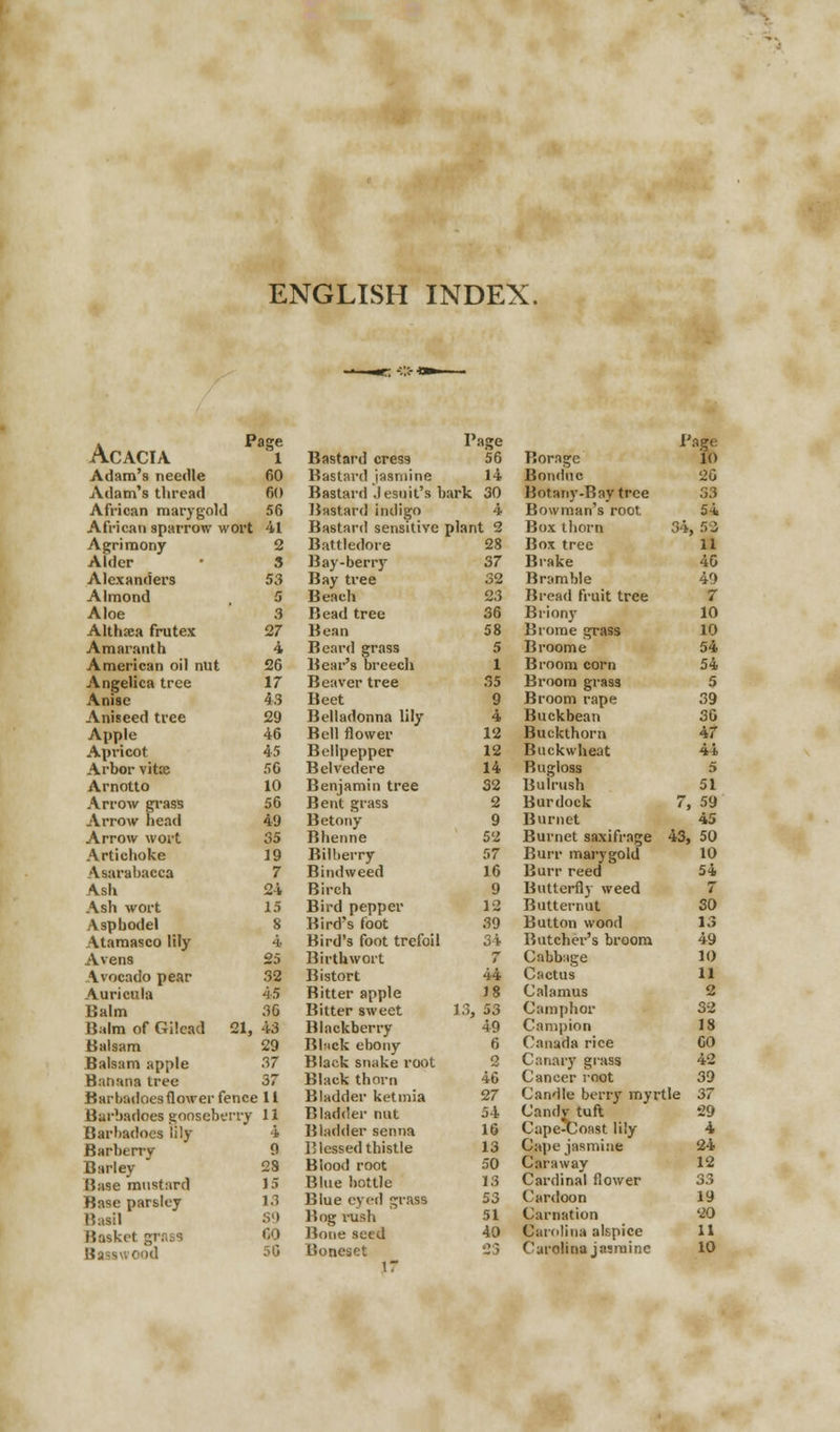 ENGLISH INDEX. a Page Acacia i Adam's needle 60 Adam's thread 60 African marygold 56 African sparrow wort 41 Agrimony 2 Alder • 3 Alexanders 53 Almond , 5 Aloe 3 Althasa frutex 27 Amaranth 4 American oil nut 26 Angelica tree 17 Anise 43 Aniseed tree 29 Apple 46 Apricot 45 Arbor vita; 56 Arnotto 10 Arrow grass 56 Arrow head 49 Arrow wort 35 Artichoke 19 Asarabacca 7 \sh 24 Ash wort 15 Asphodel 8 Atamasco lily 4 Avens 25 Avocado pear 32 Auricula 45 Balm 30 Balm of Gilcad 21, 43 Balsam 29 Balsam apple 37 Banana tree 37 Barbadoesflower fence 11 Barbadoes gooseberry 11 Barbadoes lily 4 Barberry 9 Barley 28 Base mustard 15 Base parsley 13 Basil S9 Basket grass 60 rod 50 Page Bastard cres9 56 Bastard jasmine 14 Bastard Jesuit's bark 30 Bastard indigo 4 Bastard sensitive plant 2 Battledore 28 Bay-berry 57 Bay tree 32 Beach 23 Bead tree 36 Bean 58 Beard grass 5 Bear's breech 1 Beaver tree 35 Beet 9 Belladonna lily 4 Bell flower ' 12 Bellpepper 12 Belvedere 14 Benjamin tree 32 Bent grass 2 Betony 9 Bhenne 52 Bilberry 57 Bindweed 16 Birch 9 Bird pepper 12 Bird's foot 39 Bird's foot trefoil 34 Birthwort 7 Bistort 44 Bitter apple 18 Bitter sweet 13, 53 Blackberry 49 Bl'ick ebony 6 Black snake root Black thorn 46 Bladder ketmia 27 Bladder nut 54 Bladder senna 16 Blessed thistle 13 Biood root 50 Blue bottle 13 Blue eyed grass 53 Bog rush 51 Bone seed 40 Boneset 23 Page Borage 10 Bondnc 26 Botany-Bay tree 33 Bowman's root 54 Box thorn 34, 53 Box tree 11 Brake 40 Bramble 49 Bread fruit tree 7 Briony 10 Brome grass 10 Broome 54 Broom corn 54 Broom grass 5 Broom rape 39 Buckbean 30 Buckthorn 47 Buckwheat 44 Bugloss 5 Bulrush 51 Burdock 7, 59 Burnet 45 Burnet saxifrage 43, 50 Burr marygold 10 Burr reed 54 Butterfly weed 7 Butternut 30 Button wood 13 Butcher's broom 49 Cabbage 10 Cactus 11 Calamus 2 Camphor 32 Campion 18 Canada rice 60 Canary grass 42 Cancer root 39 Candle bony myrtle 37 Candy tuft 29 Cape-Coast lily 4 Cape jasmine 24 Caraway 12 Cardinal flower 33 Cwrdoon 19 Carnation 20 Carolina alspice 11 Carolina jasmine 10
