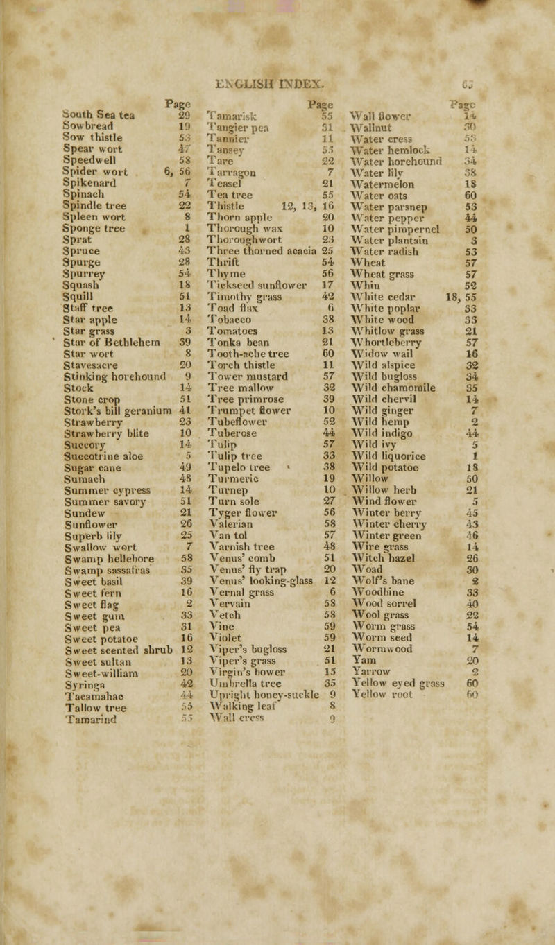 South Sea tea Sowbread Sow thistle Spear wort Speedwell Spider wort Spikenard Spinach Spindle tree Spleen wort Sponge tree Sprat Spruce Spurge Spurrey Squash Squill Staff tree Star apple Star grass Star of Bethlehem Star wort Stavesacre Stinking horehound Stock Stone crop Page 29 19 53 58 6, 56 ENGLISH INDEX. Page 55 31 11 54 22 8 1 28 43 28 54 18 51 13 14 3 39 8 20 9 14 51 Stork's bill geranium 41 Strawberry 23 Strawberry blite 10 Succory 1-i Succotriiie aloe 5 Sugar cane 4'J Sumach 48 Summer cypress 14 Summer savory 51 Sundew 21 Sunflower 26 Superb lily 25 Swallow wort 7 Swamp hellebore 58 Swamp sassafras 35 Sweet basil 39 Sweet fern 16 Sweet flag 2 Sweet gum 33 Sweet pea 31 Sweet potatoe 16 Sweet scented shrub 12 Sweet sultan 13 Sweet-william 20 Syringa 42 Tacamahao • I Tallow tree 55 Tamarind Tamarisk Tangier pea Tannier Tansey Tare Tarragon Teasel Tea tree Thistle 22 7 21 55 12, 13, 16 Thorn apple 20 Thorough wax 10 Thoroughwort 23 Three thorned acacia 25 Thrift 54 Thyme 56 Tickseed sunflower 17 Timothy grass 42 Toad flax fi Tobacco 38 Tomatoes 13 Tonka bean 21 Tooth-ache tree 60 Torch thistle 11 Tower mustard 57 Tree mallow 32 Tree primrose 39 Trumpet flower 10 Tubeflower 52 Tuberose 44 Tulip 57 Tulip tree 33 Tupelo tree « 38 Turmeric 19 Turnep 10 Turn sole 27 Tyger flower 56 Valerian 58 Van tol 57 Varnish tree 48 Venus' comb 51 Venus' fly trap 20 Venus' looking-glass 12 Vernal grass 6 Vervain 5S Vetch 58 Vine 59 Violet 59 Viper's bugloss 21 Viper's grass 51 Virgin's bower 15 Umbrella tree 35 Upright honey-suckle 9 Walking leaf 8 Wall cress 9 t age Wall flovcr 14 Wallnut 3t> Water cress Water hemlock 14 Water horehound 34 Water lily 38 Watermelon 18 Water oats 60 Water parsnep 53 Water pepper 44 Water pimpernel 50 Water plantain 3 Water radish 53 Wheat 57 Wheat grass 57 Whin 52 White cedar 18, 55 White poplar 33 White wood 33 Whitlow grass 21 Whortleberry 57 Widow wail 16 Wild alspice 32 Wild bugloss 34 Wild chamomile 35 Wild chervil 14 Wild ginger 7 Wild hemp 2 Wild indigo 44 Wild ivy 5 Wild liquorice 1 Wild potatoe 18 Willow 50 Willow herb 21 Wind flower 5 Winter berry 45 Winter cherry 43 Winter green 46 Wire grass 14 Witch hazel 26 Woad 30 Wolf's bane 2 Woodbine 33 Wood sorrel 40 Wool grass 22 Worm grass 54 Worm seed 14 Wrormwood 7 Yam 20 Yarrow 2 Yellow eyed grass 60 Yellow root 60