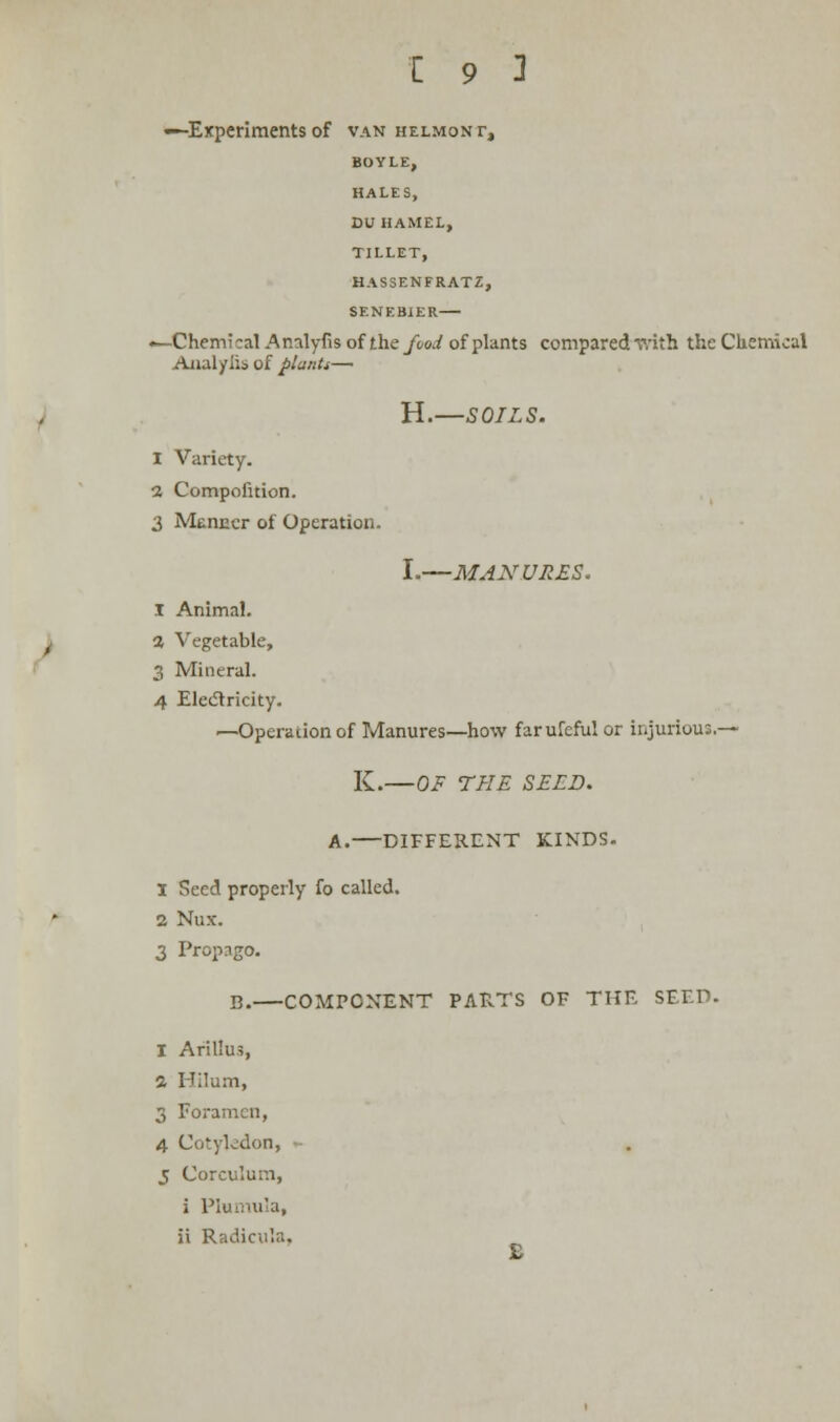 —Experiments of van helmont, BOYLE, HALES, DU HAMEL, TILLET, HASSENFRATZ, SENEBIER •—Chemical Amlyfis of the food of plants compared v.'ith the Chemical Anal/iis of plants— H.—SOILS. 1 Variety. 2 Compofition. 3 Manner of Operation. I,—MANURES. I Animal, a Vegetable, 3 Mineral. 4 Electricity. —Operation of Manures—how far ufeful or injurious.— K.—OF THE SEED. A. DIFFERENT KINDS. 1 Seed properly fo called. 2 Nux. 3 Propago. B. COMPONENT PARTS OF THE SEED. I Arillu?, a Hilum, 3 Fora 4 Cotyledon, 5 Corculum, i Plumula, ii Radicu'.a.