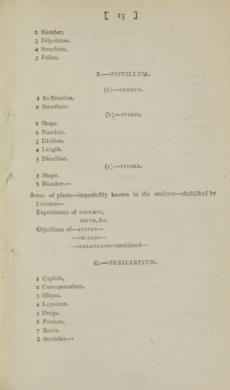 I is 3 a Number. 3 Difpofidon. 4 Structure. 5 Pollen. I Its fituation. a Structure. 1 Shape. 2 Number. 3 Divilion. 4 Length. 5 Direction. I Shape. 1 Number.— F.—PISTIL. LUM. (a).—GERMEN. (b).—STYLUS. (c).—STIGMA. Sexes of plants—imperfectly known to the ancients—eltablifhed ~bj Linnseus— Experiments of linnms, SMITH, &C Objections of—alston— — SMELLIE—' ■—sfalanzani—confidercd— C.—PERICARPIUM, 1 Capfula, a Conetptaculum. 3 Siliqua. 4 Legumen. 5 Drupa. 6 Pomum. 7 Bacca.