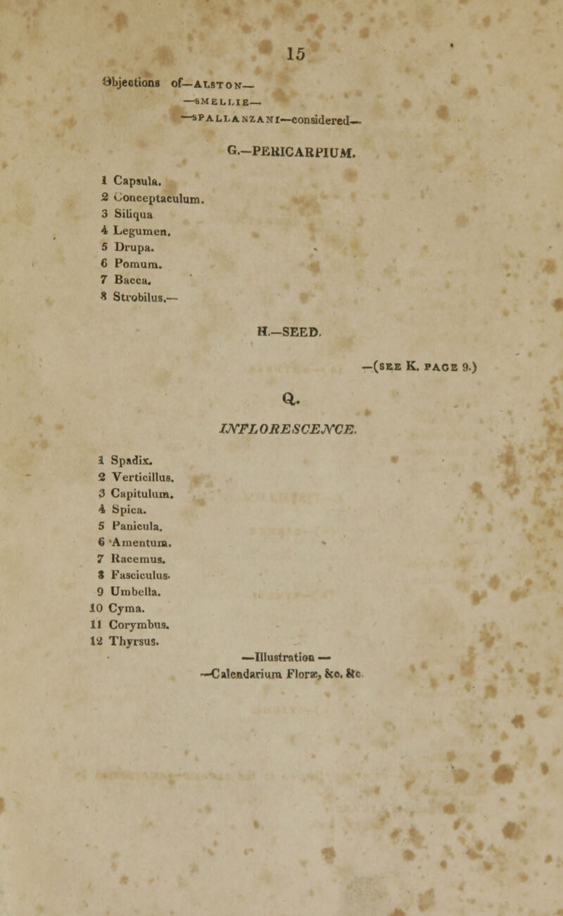 BbjeottonB of—Alston— —SMELI.IE— --SP A LI. A NZA Ni—considered— G.-PEttlCARPIUM. 1 Capsula. 2 Conceptaculum. 3 Siliqua 4 Legumen. 5 Drupa. 6 Pomuna. 7 Bacca. * Sti'obilus.— H.-SEED. ~(8EB K. FACE 9.) IJVFL OSESCEJVCE. 1 Spadix. 2 Verticillus. 3 Capitulum. i Spica. 5 Panicula. € 'Amentum. 7 Uacemus. S Fasciculus- 9 Umbeila. 10 Cyma. 11 Corymbus. la Thyrsus. —Illustratioa — •dalendariura Florx, Sco. be