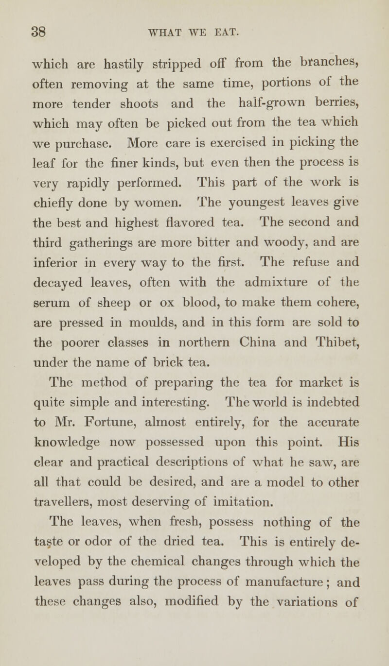 which are hastily stripped off from the branches, often removing at the same time, portions of the more tender shoots and the half-grown berries, which may often be picked out from the tea which we purchase. More care is exercised in picking the leaf for the finer kinds, but even then the process is very rapidly performed. This part of the work is chiefly done by women. The youngest leaves give the best and highest flavored tea. The second and third gatherings are more bitter and woody, and are inferior in every way to the first. The refuse and decayed leaves, often with the admixture of the serum of sheep or ox blood, to make them cohere, are pressed in moulds, and in this form are sold to the poorer classes in northern China and Thibet, under the name of brick tea. The method of preparing the tea for market is quite simple and interesting. The world is indebted to Mr. Fortune, almost entirely, for the accurate knowledge now possessed upon this point. His clear and practical descriptions of what he saw, are all that could be desired, and are a model to other travellers, most deserving of imitation. The leaves, when fresh, possess nothing of the taste or odor of the dried tea. This is entirely de- veloped by the chemical changes through which the leaves pass during the process of manufacture; and these changes also, modified by the variations of