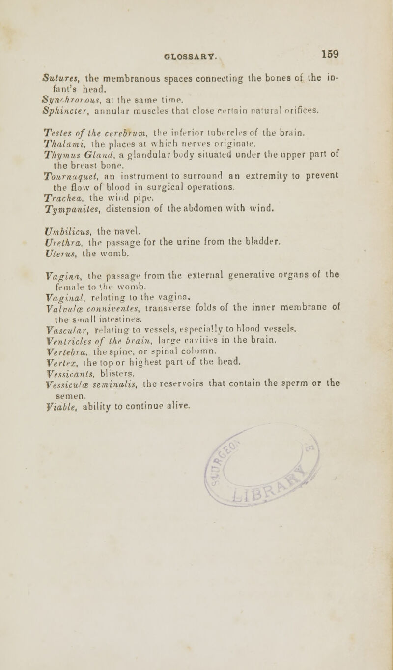 Sutures, the membranous spaces connecting the bones of the in- fant's head. Synr.hrnr.ous, at the same time. Sphincter, annular muscles that close certain natural orifices. Testes of the cerebrum, the inferior tubercles of the brain. Tkalami, the places at which nerves originate. Thymus Gland, a glandular body situated under the upper part of the breast bone. Tournaquel, an instrument to surround an extremity to prevent the flow of blood in surgical operations. Trachea, the wind pipe. Tympanites, distension of the abdomen with wind. Umbilicus, the navel. Urethra, the passage for the urine from the bladder. Uterus, the womb. Vagina, the passage from the external generative organs of the female to the womb. Vaginal, relating to the vagina. VaU'ulcE connivenles, transverse folds of the inner membrane of the snail intestines. Vascular, relating to vessels, especially to hlood vessels. Ventricles of the brain, lar?e cavities in the brain. Vertebra, the spine, or spinal column. Vertex, the top or highest part of the head. Vessiranls, blisters. Vessiculoz seminalis, the reservoirs that contain the sperm or the semen. Viable, ability to continue alive.