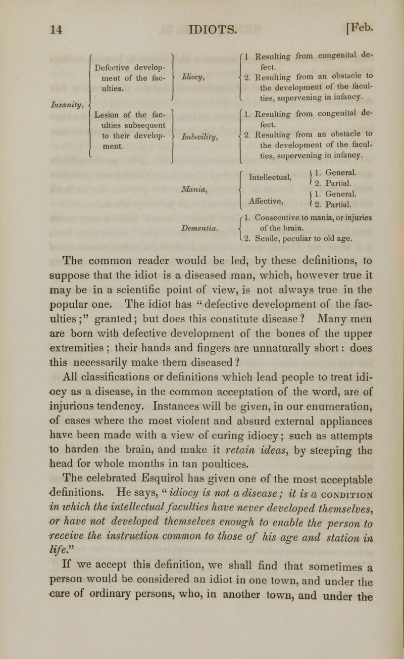 Insanity, Defective develop- ment of the fac- ulties. Lesion of the fac- ulties subsequent to their develop- ment. Idiocy, Imbecility, Mania, Dementia. 1 Resulting: from congenital de- fect. • 2. Resulting from an obstacle to the development of the facul- ties, supervening in infancy. 1. Resulting from congenital de- fect. 2. Resulting from an obstacle to the development of the facul- ties, supervening in infancy. 1. General. 2. Partial. 1. General. 2. Partial. 1. Consecutive to mania, or injuries of the brain. 2. Senile, peculiar to old age. Intellectual, Affective, The common reader would be led, by these definitions, to suppose that the idiot is a diseased man, which, however true it may be in a scientific point of view, is not always true in the popular one. The idiot has  defective development of the fac- ulties ; granted; but does this constitute disease? Many men are born with defective development of the bones of the upper extremities ; their hands and fingers are unnaturally short: does this necessarily make them diseased ? All classifications or definitions which lead people to treat idi- ocy as a disease, in the common acceptation of the word, are of injurious tendency. Instances will be given, in our enumeration, of cases where the most violent and absurd external appliances have been made with a view of curing idiocy; such as attempts to harden the brain, and make it retain ideas, by steeping the head for whole months in tan poultices. The celebrated Esquirol has given one of the most acceptable -definitions. He says,  idiocy is not a disease; it is a condition in which the intellectual faculties have never developed themselves, or have not developed themselves enough to enable the person to receive the instruction common to those of his age and station in life:' If we accept this definition, we shall find that sometimes a person would be considered an idiot in one town, and under the care of ordinary persons, who, in another town, and under the