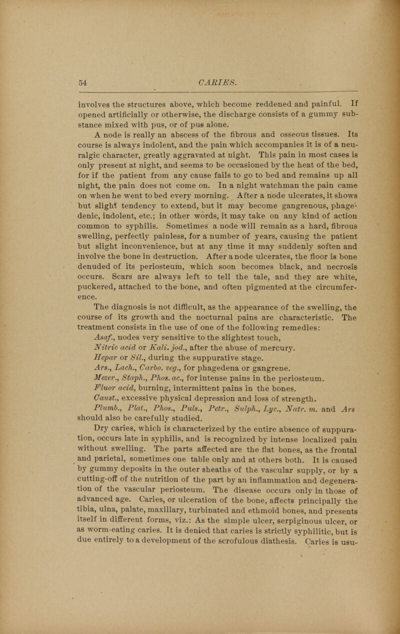 involves the structures above, which become reddened and painful. If opened artificially or otherwise, the discharge consists of a gummy sub- stance mixed with pus, or of pus alone. A node is really an abscess of the fibrous and osseous tissues. Its course is always indolent, and the pain which accompanies it is of a neu- ralgic character, greatly aggravated at night. This pain in most cases is only present at night, and seems to be occasioned by the heat of the bed, for if the patient from any cause fails to go to bed and remains up all night, the pain does not come on. In a night watchman the pain came on when he went to bed every morning. After a node ulcerates, it shows but slight tendency to extend, but it may become gangrenous, phage- denic, indolent, etc.; in other words, it may take on any kind of action common to syphilis. Sometimes a node will remain as a hard, fibrous swelling, perfectly painless, for a number of years, causing the patient but slight inconvenience, but at any time it may suddenly soften and involve the bone in destruction. After anode ulcerates, the floor is bone denuded of its periosteum, which soon becomes black, and necrosis occurs. Scars are always left to tell the tale, and they are white, puckered, attached to the bone, and often pigmented at the circumfer- ence. The diagnosis is not difficult, as the appearance of the swelling, the course of its growth and the nocturnal pains are characteristic. The treatment consists in the use of one of the following remedies: Asaf., nodes very sensitive to the slightest touch, Nitric acid or Kali, jod., after the abuse of mercury. Hepar or Sil., during the suppurative stage. Ars., Lach., Carbo. veg., for phagedena or gangrene. Mezer., Staph., Phos.ac, for intense pains in the periosteum. Fluor acid, burning, intermittent pains in the bones. Canst., excessive physical depression and loss of strength. Plumb., Plat., Phos., Puis., Petr., Sulph., Lye, Natr. m. and Ars should also be carefully studied. Dry caries, which is characterized by the entire absence of suppura- tion, occurs late in syphilis, and is recognized by intense localized pain without swelling. The parts affected are the flat bones, as the frontal and parietal, sometimes one table only and at others both. It is caused by gummy deposits in the outer sheaths of the vascular supply, or by a cutting-off of the nutrition of the part by an inflammation and degenera- tion of the vascular periosteum. The disease occurs only in those of advanced age. Caries, or ulceration of the bone, affects principally the tibia, ulna, palate, maxillary, turbinated and ethmoid bones, and presents itself in different forms, viz.: As the simple ulcer, serpiginous ulcer, or as worm-eating caries. It is denied that caries is strictly syphilitic, but is due entirely to a development of the scrofulous diathesis. Caries is usu-