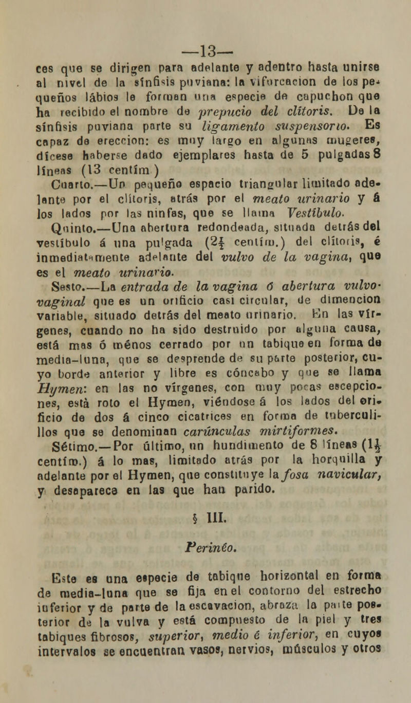 —13— ees que se dirigen para adelante y adentro hasta unirse al mvfcl de la sínfHs puviana: la \ifurcacion de los pe* queños labios le forman una especie de capuchón que ha recibido el nombre de prepucio del clítoris. De la sínñsis puviana porte su ligamento suspensorio- Es capaz da erección: es muy largo en algunas tnugeres, dícese haberle dado ejemplares hasta de 5 pulgadas 8 líneas (13 centím ) Cuarto.—Un pequeño espacio triangular limitado ade- lante por el clítoris, atrás por el meato urinario y á los lados por las ninfas, que se llama Vestíbulo. Quinto.—Una abertura redondeada, situada detrás del vestíbulo á una pulgada (2\ centím.) del clítoris, é inmediatamente adelante del vulvo de la vagina, que es el meato urinario- Sesto.—La entrada de la vagina ó abertura vulvo- vaginal que es un orificio casi circular, de dimencion variable, situado detrás del meato urinario. Kn las vír- genes, cuando no ha sido destruido por alguna causa, está mas ó menos cerrado por un tabique en formada media-luna, que se desprende de su parte posterior, cu- yo borde anterior y libre es cóncabo y que se llama Hymen: en las no vírgenes, con muy poras escepelo- nes, está roto el Hymen, viéndose á los lados del ori- ficio de dos á cinco cicatrices en forma de tnberculi- llos que se denominan carúnculas mirtiformes. Sétimo.—Por último, un hundimento de 8 líneas (1^ centím.) á lo mas, limitado atrás por la horquilla y adelante por el Hymen, que constituye la/osa navicular, y desaparece en las que han parido. § III. Perineo. Este es una especie de tabique horizontal en forma de media-luna que se fija en el contorno del estrecho inferior y de parte de la escavacion, abraza la p«i te pos- terior de la vulva y está compuesto de la piel y tres tabiques fibrosos, superior, medio é inferior, en cuyos intervalos se encuentran vasos, nervios, músculos y otros