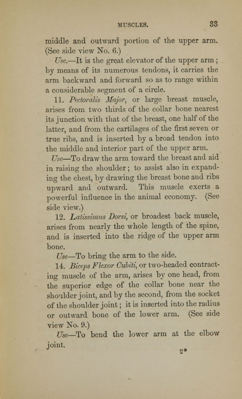 middle and outward portion of the upper arm. (See side view No. 6.) Use.—It is the great elevator of the upper arm ; by means of its numerous tendons, it carries the arm backward and forward so as to range within a considerable segment of a circle. 11. Pectoralis Major, or large breast muscle, arises from two thirds of the collar bone nearest its junction with that of the breast, one half of the latter, and from the cartilages of the first seven or true ribs, and is inserted by a broad tendon into the middle and interior part of the upper arm. Use—To draw the arm toward the breast and aid in raising the shoulder ; to assist also in expand- ing the chest, by drawing the breast bone and ribs upward and outward. This muscle exerts a powerful influence in the animal economy. (See side view.) 12. Latissimus Borsi, or broadest back muscle, arises from nearly the whole length of the spine, and is inserted into the ridge of the upper arm bone. Use—To bring the arm to the side. 14. Biceps Flexor Cuhiti, or two-headed contract- ing muscle of the arm, arises by one head, from the superior edge of the collar bone near the shoulder joint, and by the second, from the socket of the shoulder joint; it is inserted into the radius or outward bone of the lower arm. (See side view No. 9.) Use—To bend the lower arm at the elbow joint.