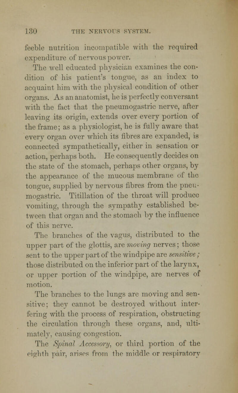 feeble nutrition incompatible with the required expenditure of nervous power. The well educated physician examines the con- dition of his patient's tongue, as an index to acquaint him with the physical condition of other organs. As an anatomist, he is perfectly conversant with the fact that the pneumogastric nerve, after leaving its origin, extends over every portion of the frame; as a physiologist, he is fully aware that every organ over which its fibres are expanded, is connected sympathetically, either in sensation or action, perhaps both. He consequently decides on the state of the stomach, perhaps other organs, by the appearance of the mucous membrane of tho tongue, supplied by nervous fibres from the pneu- mogastric. Titillation of the throat will produce vomiting, through the sympathy established be- tween that organ and the stomach by the influence of this nerve. The branches of the vagus, distributed to the upper part of the glottis, are moving nerves; those sent to the upper part of the windpipe are sensitive; those distributed on the inferior part of the larynx, or upper portion of the windpipe, are nerves of motion. The branches to the lungs are moving and sen- sitive; they cannot be destroyed without inter- fering with the process of respiration, obstructing the circulation through these organs, and, ulti- mately, causing congestion. The Spinal Accessory, or third portion of the eighth pair, arises from the middle or respiratory