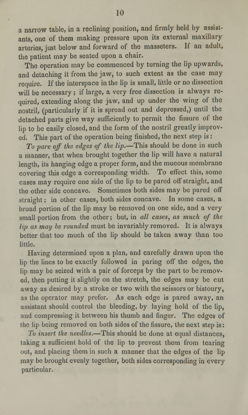 a narrow table, in a reclining position, and firmly held by assist- ants, one of them making pressure upon its external maxillary arteries, just below and forward of the masseters. If an adult, the patient may be seated upon a chair. The operation may be commenced by turning the lip upwards, and detaching it from the jaw, to such extent as the case may require. If the interspace in the lip is small, little or no dissection will be necessary; if large, a very free dissection is always re- quired, extending along the jaw, and up under the wing of the nostril, (particularly if it is spread out and depressed,) until the detached parts give way sufficiently to permit the fissure of the lip to be easily closed, and the form of the nostril greatly improv- ed. This part of the operation being finished, the next step is: To pare off the edges of the lip.—This should be done in such a manner, that when brought together the lip will have a natural length, its hanging edge a proper form, and the mucous membrane covering this edge a corresponding width. To effect this, some cases may require one side of the lip to be pared off straight, and the other side concave. Sometimes both sides may be pared off straight; in other cases, both sides concave. In some cases, a broad portion of the lip may be removed on one side, and a very small portion from the other; but, in all cases, as much of the lip as may be rounded must be invariably removed. It is always better that too much of the lip should be taken away than too little. Having determined upon a plan, and carefully drawn upon the lip the lines to be exactly followed in paring off the edges, the lip may be seized with a pair of forceps by the part to be remov- ed, then putting it slightly on ihe stretch, the edges may be cut away as desired by a stroke or two with the scissors or bistoury, as the operator may prefer. As each edge is pared away, an assistant should control the bleeding, by laying hold of the lip, and compressing it between his thumb and finger. The edges of the lip being removed on both sides of the fissure, the next step is: To insert the needles.—This should be done at equal distances, taking a sufficient hold of the lip to prevent them from tearing out, and placing them in such a manner that the edges of the lip may be brought evenly together, both sides corresponding in every particular.