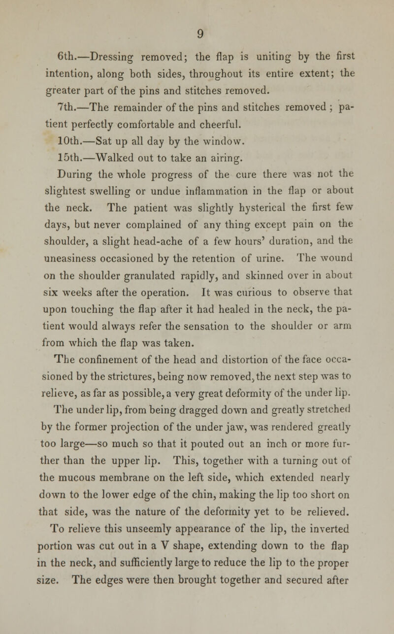 6th.—Dressing removed; the flap is uniting by the first intention, along both sides, throughout its entire extent; the greater part of the pins and stitches removed. 7th.—The remainder of the pins and stitches removed ; pa- tient perfectly comfortable and cheerful. 10th.—Sat up all day by the window. 15th.—Walked out to take an airing. During the whole progress of the cure there was not the slightest swelling or undue inflammation in the flap or about the neck. The patient was slightly hysterical the first few days, but never complained of any thing except pain on the shoulder, a slight head-ache of a few hours' duration, and the uneasiness occasioned by the retention of urine. The wound on the shoulder granulated rapidly, and skinned over in about six weeks after the operation. It was curious to observe that upon touching the flap after it had healed in the neck, the pa- tient would always refer the sensation to the shoulder or arm from which the flap was taken. The confinement of the head and distortion of the face occa- sioned by the strictures, being now removed., the next step was to relieve, as far as possible, a very great deformity of the under lip. The under lip, from being dragged down and greatly stretched by the former projection of the under jaw, was rendered greatly too large—so much so that it pouted out an inch or more fur- ther than the upper lip. This, together with a turning out of the mucous membrane on the left side, which extended nearly down to the lower edge of the chin, making the lip too short on that side, was the nature of the deformity yet to be relieved. To relieve this unseemly appearance of the lip, the inverted portion was cut out in a V shape, extending down to the flap in the neck, and sufficiently large to reduce the lip to the proper size. The edges were then brought together and secured after