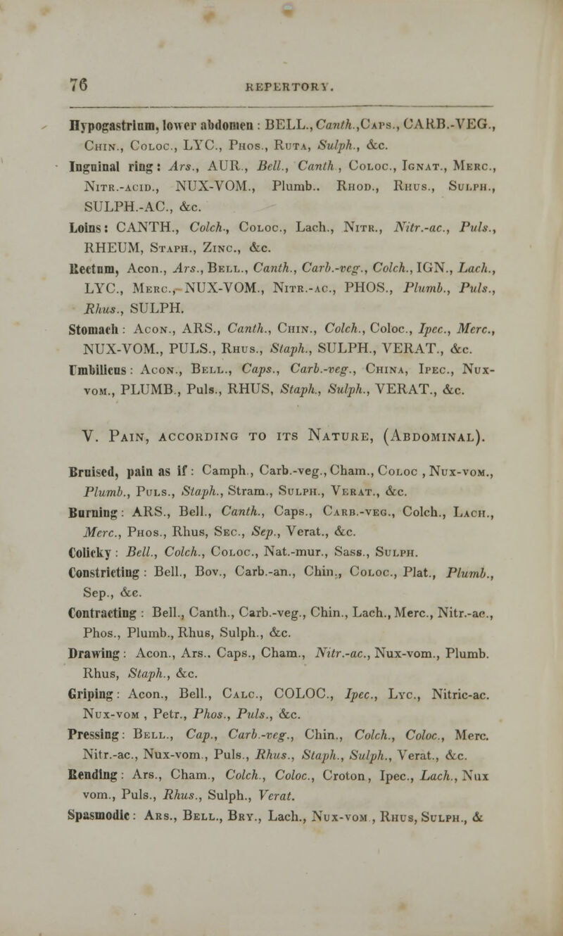 KEPLRTOm nypogastrinm, lower abdomen : BELL., Gmah.,CxT&., CARB.-VEG., Chin., Coloc, LYC, Phos., Ruta, Sulph., &c. Inguinal ring: Ars., AUR., Bell., Canth, Coloc, Ignat., Merc, Nitr.-acid., NUX-VOM., Plumb.. Rhod., Rhus., Sulph., SULPH.-AC, &c. Loins: CANTH., Colch., Coloc, Lach., Nitr., Nitr.-ac., Puis., RHEUM, Staph., Zinc, &c. Ucttnm, Aeon., Ars., Hell., Canth., Carb.-veg., Colch., IGN., Lach., LYC, Mkrc, NUX-VOM., Nitr.-ac, PHOS., Plumb., Puis., Rhus., SULPH. Stomach: Acon., ARS., Canth., Chin., Colch., Coloc, Ipec, Merc, NUX-VOM., PULS., Rhus., Staph., SULPH., VERAT., &c Umbilicus: Acon., Bell., Caps., Carb.-veg., China, Ipec, Nux- vom., PLUMB., Puis., RHUS, Staph., Sulph., VERAT., &c. V. Pain, according to its Nature, (Abdominal). Bruised, pain as if: Camph., Carb.-veg., Cham., Coloc , Nux-vom., Plumb., Puls., Staph., Stram., Sulph., Verat., &c. Burning: ARS., Bell., Canth., Caps., Carb.-veg., Colch., Lach., Merc, Phos., Rhus, Sec, Sep., Verat., &c. Colicky : Bell., Colch., Coloc, Nat.-mur., Sass., Sulph. Constricting : Bell., Bov., Carb.-an., Chin., Coloc, Plat., Plumb., Sep., &e. Contracting : Bell., Canth., Carb.-veg., Chin., Lach., Merc, Nitr.-ac, Phos., Plumb., Rhus, Sulph., &c. Drawing: Acon., Ars.. Caps., Cham., Nitr.-ac., Nux-vom., Plumb. Rhus, Staph., &c. Griping: Acon., Bell., Calc, COLOC, Ipec, Lyc, Nitric-ac Nux-vom , Petr., Phos., Puis., &c Pressing: Bell., Cap., Carb.-veg., Chin., Colch., Coloc, Merc. Nitr.-ac, Nux-vom., Puis., Rhus., Staph., Sulph., Verat., &c. Bending: Ars., Cham., Colch., Coloc, Croton, Ipec, Lach., Nux vom., Puis., Rhus., Sulph., Verat. Spasmodic: Ars., Bell., Bry., Lach., Nux-vom , Rhus, Sulph., &