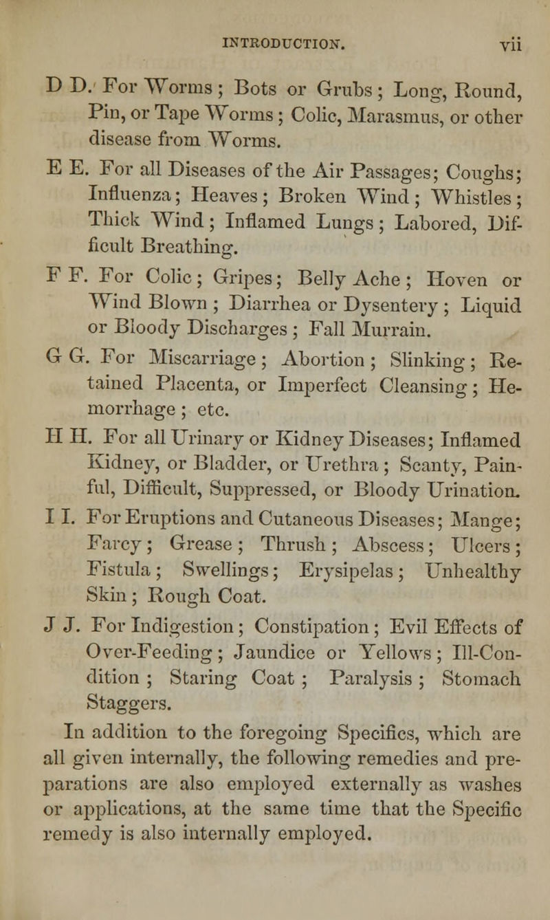 D D. For Worms ; Bots or Grubs ; Long, Round, Pin, or Tape Worms; Colic, Marasmus, or other disease from Worms. E E. For all Diseases of the Air Passages; Coughs; Influenza; Heaves; Broken Wind; Whistles; Thick Wind; Inflamed Lungs; Labored, Dif- ficult Breathin<r. F F. For Colic ; Gripes; Belly Ache ; Hoven or Wind Blown ; Diarrhea or Dysentery ; Liquid or Bloody Discharges ; Fall Murrain. G G. For Miscarriage ; Abortion ; Slinking ; Re- tained Placenta, or Imperfect Cleansing; He- morrhage ; etc. IIII. For all Urinary or Kidney Diseases; Inflamed Kidney, or Bladder, or Urethra ; Scanty, Pain- ful, Difficult, Suppressed, or Bloody Urination. 11. For Eruptions and Cutaneous Diseases; Mange; Farcy; Grease ; Thrush ; Abscess; Ulcers; Fistula; Swellings; Erysipelas; Unhealthy Skin; Rough Coat. J J. For Indigestion ; Constipation ; Evil Effects of Over-Feeding ; Jaundice or Yellows ; Ill-Con- dition ; Staring Coat ; Paralysis ; Stomach Staggers. In addition to the foregoing Specifics, which are all given internally, the following remedies and pre- parations are also employed externally as washes or applications, at the same time that the Specific remedy is also internally employed.