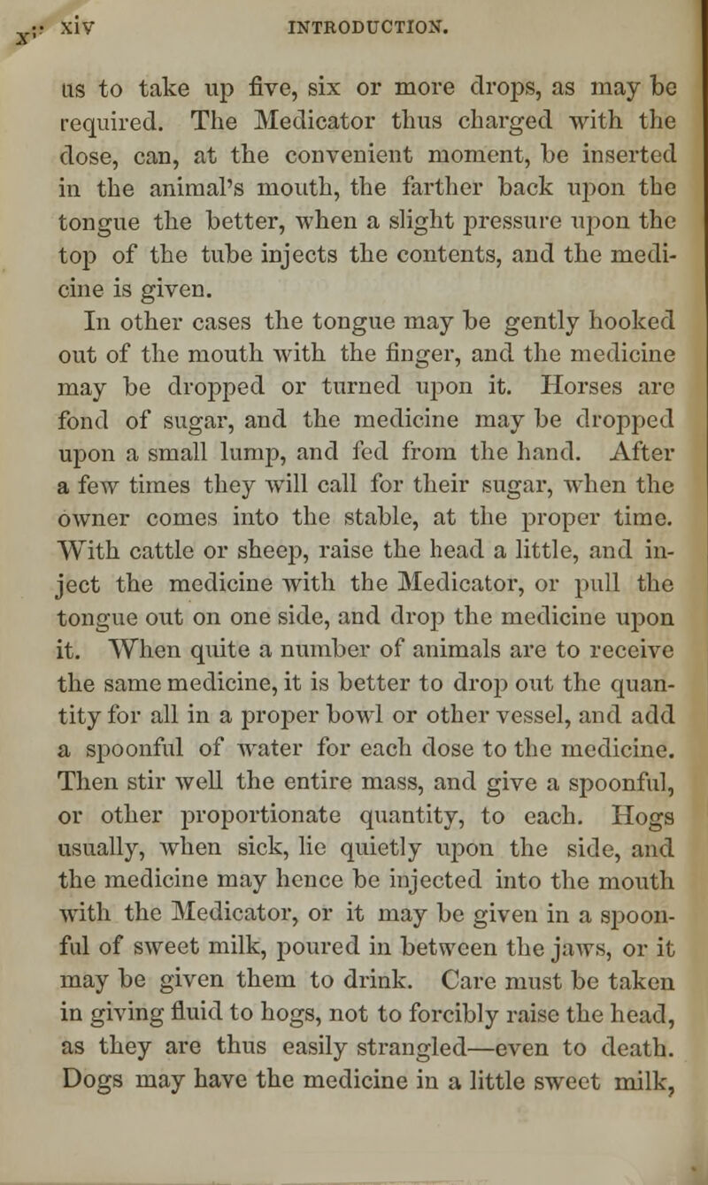 as to take up five, six or more drops, as may be required. The Medicator thus charged with the dose, can, at the convenient moment, be inserted in the animal's mouth, the farther back upon the tongue the better, when a slight pressure upon the top of the tube injects the contents, and the medi- cine is given. In other cases the tongue may be gently hooked out of the mouth with the finger, and the medicine may be dropped or turned upon it. Horses are fond of sugar, and the medicine may be dropped upon a small lump, and fed from the hand. After a few times they will call for their sugar, when the owner comes into the stable, at the proper time. With cattle or sheep, raise the head a little, and in- ject the medicine with the Medicator, or pull the tongue out on one side, and drop the medicine upon it. When quite a number of animals are to receive the same medicine, it is better to drop out the quan- tity for all in a proper bowl or other vessel, and add a spoonful of water for each dose to the medicine. Then stir well the entire mass, and give a spoonful, or other proportionate quantity, to each. Hogs usually, when sick, lie quietly upon the side, and the medicine may hence be injected into the mouth with the Medicator, or it may be given in a spoon- ful of sweet milk, poured in between the jaws, or it may be given them to drink. Care must be taken in giving fluid to hogs, not to forcibly raise the head, as they are thus easily strangled—even to death. Dogs may have the medicine in a little sweet milk,