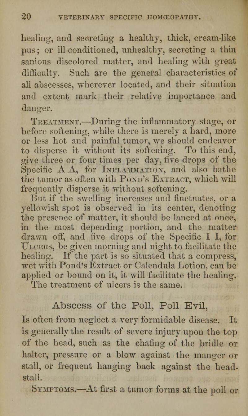 healing, and secreting a healthy, thick, cream-like pus; or ill-conditioned, unhealthy, secreting a thin sanious discolored matter, and healing with great difficulty. Such are the general characteristics of all abscesses, wherever located, and their situation and extent mark their relative importance and danger. Treatment.—During the inflammatory stage, or before softening, while there is merely a hard, more or less hot and painful tumor, Ave should endeavor to disperse it without its softening. To this end, give three or four times per day, five drops of the Specific A A, for Inflammation, and also bathe the tumor as often with Pond's Extract, which will frequently disperse it without softening. But if the swelling increases and fluctuates, or a yellowish spot is observed in its center, denoting the presence of matter, it should be lanced at once, in the most depending portion, and the matter drawn off, and five drops of the Specific I I, for Ulcers, be given morning and night to facilitate the healing. If the part is so situated that a compress, wet with Pond's Extract or Calendula Lotion, can be applied or bound on it, it will facilitate the healing. The treatment of ulcers is the same. Abscess of the Poll, Poll Evil, Is often from neglect a very formidable disease. It is generally the result of severe injury upon the top of the head, such as the chafing of the bridle or halter, pressure or a blow against the manger or stall, or frequent hanging back against the head- stall. Symptoms.—At first a tumor forms at the poll or