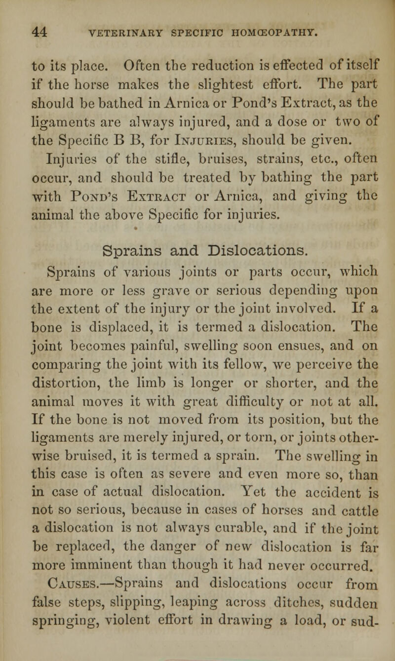 to its place. Often the reduction is effected of itself if the horse makes the slightest effort. The part should be bathed in Arnica or Pond's Extract, as the ligaments are always injured, and a dose or two of the Specific B B, for Injuries, should be given. Injuries of the stifle, bruises, strains, etc., often occur, and should be treated by bathing the part with Pond's Extract or Arnica, and giving the animal the above Specific for injuries. Sprains and Dislocations. Sprains of various joints or parts occur, which are more or less grave or serious depending upon the extent of the injury or the joint involved. If a bone is displaced, it is termed a dislocation. The joint becomes painful, swelling soon ensues, and on comparing the joint with its fellow, we perceive the distortion, the limb is longer or shorter, and the animal moves it with great difficulty or not at all. If the bone is not moved from its position, but the ligaments are merely injured, or torn, or joints other- wise bruised, it is termed a sprain. The swelling in this case is often as severe and even more so, than in case of actual dislocation. Yet the accident is not so serious, because in cases of horses and cattle a dislocation is not always curable, and if the joint be replaced, the danger of new dislocation is far more imminent than though it had never occurred. Causes.—Sprains and dislocations occur from false steps, slipping, leaping across ditches, sudden springing, violent effort in drawing a load, or sud-