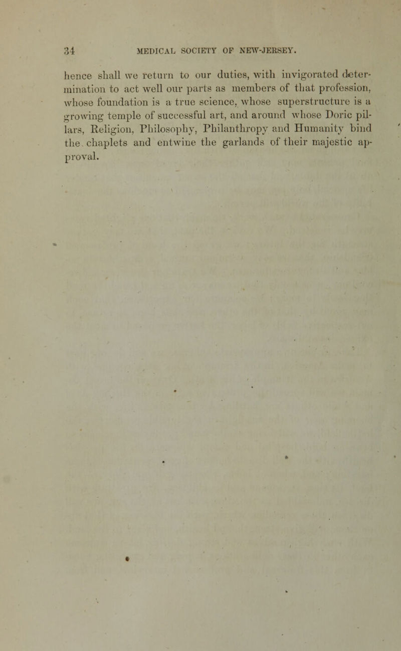 hence shall we return to our duties, with invigorated deter- mination to act well our parts as members of that profession, whose foundation is a true science, whose superstructure is a growing temple of successful art, and around whose Doric pil- lars, Religion, Philosophy, Philanthropy and Humanity bind the chaplets and entwine the garlands of their majestic ap- proval.