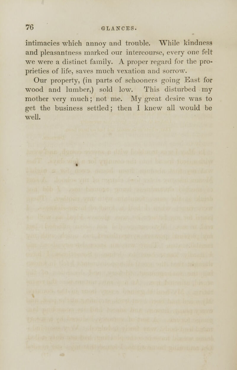 intimacies which annoy and trouble. While kindness and pleasantness marked our intercourse, every one felt we were a distinct family. A proper regard for the pro- prieties of life, saves much vexation and sorrow. Our property, (in parts of schooners going East for wood and lumber,) sold low. This disturbed my mother very much; not me. My great desire was to get the business settled; then I knew all would be well.