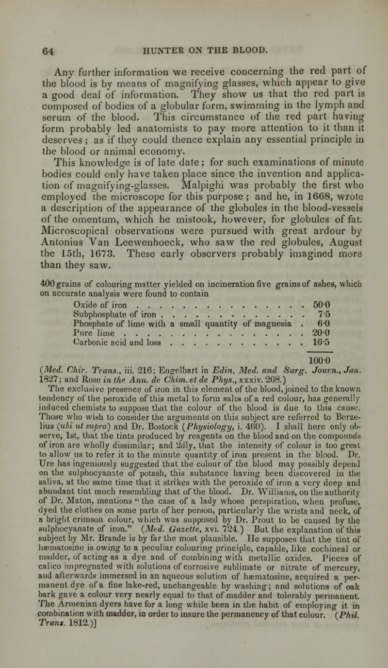 Any further information we receive concerning the red part of the blood is by means of magnifying glasses, which appear to give a good deal of information. They show us that the red part is composed of bodies of a globular form, swimming in the lymph and serum of the blood. This circumstance of the red part having form probably led anatomists to pay more attention to it than it deserves; as if they could thence explain any essential principle in the blood or animal economy. This knowledge is of late date; for such examinations of minute bodies could only have taken place since the invention and applica- tion of magnifying-glasses. Malpighi was probably the first who employed the microscope for this purpose ; and he, in 1608, wrote a description of the appearance of the globules in the blood-vessels of the omentum, which he mistook, however, for globules of fat. Microscopical observations were pursued with great ardour by Antonius Van Leewenhoeck, who saw the red globules, August the 15th, 1673. These early observers probably imagined more than they saw. 400 grains of colouring matter yielded on incineration five grains of ashes, which on accurate analysis were found to contain Oxide of iron 500 Subphosphate of iron 7-5 Phosphate of lime with a small quantity of magnesia . 6-0 Pure lime 20-0 Carbonic acid and loss 16*5 1000 (Med. Chir. Trans., iii. 216; Engelhart in Edin. Med. and Surg. Journ., Jan. 1827; and Rose in the Ann. de Chim. et de Phys., xxxiv. 268.) The exclusive presence of iron in this element of the blood, joined to the known tendency of the peroxide of this metal to form salts of a red colour, has generally induced chemists to suppose that the colour of the blood is due to this cause. Those who wish to consider the arguments on this subject are referred to Berze- lius (ubi ut supra) and Dr. Bostock {Physiology, i. 460). I shall here only ob- serve, 1st, that the tints produced by reagents on the blood and on the compounds of iron are wholly dissimilar; and 2dly, that the intensity of colour is too great to allow us to refer it to the minute quantity of iron present in the blood. Dr. Ure has ingeniously suggested that the colour of the blood may possibly depend on the sulphocyanate of potash, this substance having been discovered in the saliva, at the same time that it strikes with the peroxide of iron a very deep and abundant tint much Tesembling that of the blood. Dr. Williams, on the authority of Dr. Maton, mentions  the case of a lady whose perspiration, when profuse, dyed the clothes on some parts of her person, particularly the wrists and neck, of a bright crimson colour, which was supposed by Dr. Prout to be caused by the sulphocyanate of iron. {Med. Gazette, xvi. 724.) But the explanation of this subject by Mr. Brande is by far the most plausible. He supposes that the tint of haematosine is owing to a peculiar colouring principle, capable, like cochineal or madder, of acting as a dye and of combining with metallic oxides. Pieces of calico impregnated with solutions of corrosive sublimate or nitrate of mercury, and afterwards immersed in an aqueous solution of haematosine, acquired a per- manent dye of a fine lake-red, unchangeable by washing; nnd solutions of oak bark gave a colour very nearly equal to that of madder and tolerably permanent The Armenian dyers have for a long while been in the habit of employing it in combination with madder, in order to insure the permanency of that colour. (Phil. Trans. 1812.)]
