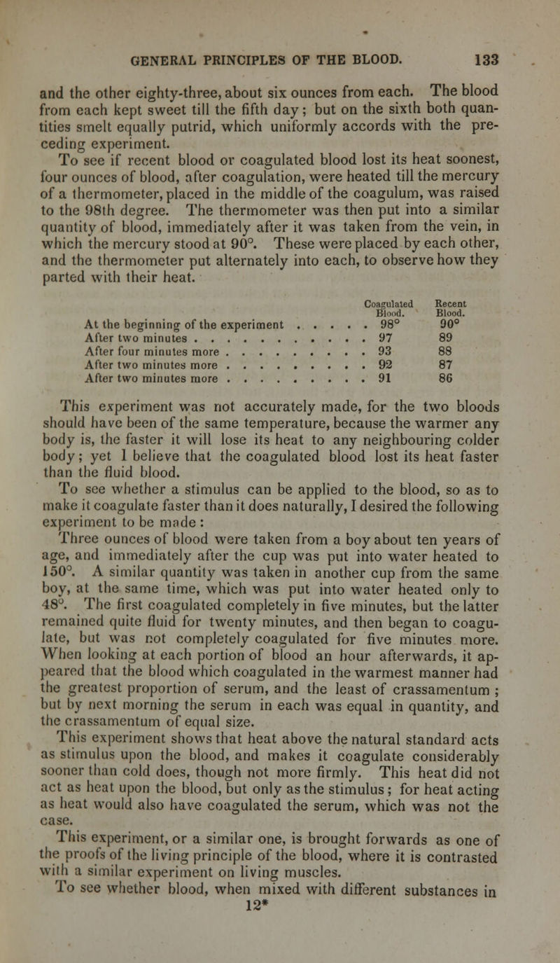 and the other eighty-three, about six ounces from each. The blood from each kept sweet till the fifth day; but on the sixth both quan- tities smelt equally putrid, which uniformly accords with the pre- ceding experiment. To see if recent blood or coagulated blood lost its heat soonest, four ounces of blood, after coagulation, were heated till the mercury of a thermometer, placed in the middle of the coagulum, was raised to the 98th degree. The thermometer was then put into a similar quantity of blood, immediately after it was taken from the vein, in which the mercury stood at 90°. These were placed by each other, and the thermometer put alternately into each, to observe how they parted with their heat. Coagulated Recent Blood. Blood. At the beginning of the experiment 98° 90° After two minutes 97 89 After four minutes more 93 88 After two minutes more 92 87 After two minutes more 91 86 This experiment was not accurately made, for the two bloods should have been of the same temperature, because the warmer any body is, the faster it will lose its heat to any neighbouring colder body; yet 1 believe that the coagulated blood lost its heat faster than the fluid blood. To see whether a stimulus can be applied to the blood, so as to make it coagulate faster than it does naturally, I desired the following experiment to be mode : Three ounces of blood were taken from a boy about ten years of age, and immediately after the cup was put into water heated to 150°. A similar quantity was taken in another cup from the same boy, at the same time, which was put into water heated only to 48°. The first coagulated completely in five minutes, but the latter remained quite fluid for twenty minutes, and then began to coagu- late, but was not completely coagulated for five minutes more. When looking at each portion of blood an hour afterwards, it ap- peared that the blood which coagulated in the warmest manner had the greatest proportion of serum, and the least of crassamentum ; but by next morning the serum in each was equal in quantity, and the crassamentum of equal size. This experiment shows that heat above the natural standard acts as stimulus upon the blood, and makes it coagulate considerably sooner than cold does, though not more firmly. This heat did not act as heat upon the blood, but only as the stimulus; for heat acting as heat would also have coagulated the serum, which was not the case. This experiment, or a similar one, is brought forwards as one of the proofs of the living principle of the blood, where it is contrasted with a similar experiment on living muscles. To see whether blood, when mixed with different substances in 12*