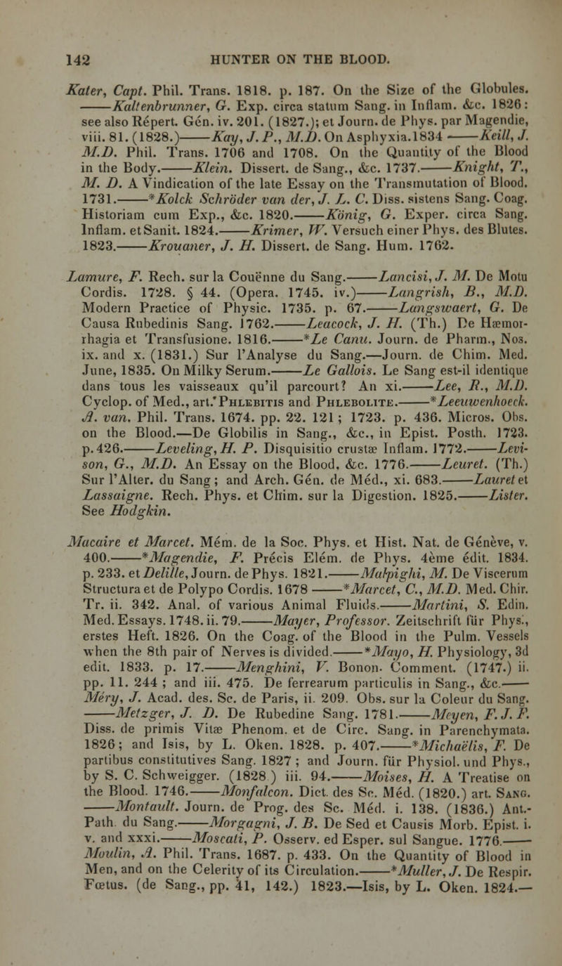Kater, Capt. Phil. Trans. 1818. p. 187. On the Size of the Glohules. Kaltenbrunner, G. Exp. circa statum Sang, in In flam. &c. 1826: see also Repert. Gen. iv. 201. (1827.); et Joum. tie Pliys. par Magendie, viii. 81. (1828.) Kay, J. P., M.I). On Asphyxia.1834 Keill, J. M.D. Phil. Trans. 1706 and 1708. On the Quantity of the Blood in the Body. Klein. Dissert, de Sang., &c. 1737. Knight, 'P., M. D. A Vindication of the late Essay on the Transmutation of Blood. 1731. *Kolck Schroder van der,J. L. C. Diss, sistens Sang. Coag. Historiam cum Exp., &c. 1820. Kbnig, G. Exper. circa Sang. lnflam. etSanit. 1824. Krimer, W. Versuch einer Phys. des Blutes. 1823. Krouaner, J. H. Dissert, de Sang. Hum. 1762. Lamure, F. Rech. sur la Couenne du Sang. Lancisi,J. M. De Motu Cordis. 1728. § 44. (Opera. 1745. iv.) Langrish, B., M.D. Modern Practice of Physic. 1735. p. 67. Langswaert, G. De Causa Rubedinis Sang. 1762. Leacock, J. H. (Th.) De Haemor- rhagia et Transfusione. 1816. *Le Canu. Journ. de Pharm., Nos. ix. and x. (1831.) Sur l'Analyse du Sang.—Journ. de Chim. Med. June, 1835. On Milky Serum. Le Gallois. Le Sang est-il identique dans tous les vaisseaux qu'il parcourt? An xi. Lee, R., M.D. Cyclop, of Med., art.*Phlebitis and Phlebolite. *Leeuwenhoeck. A. van. Phil. Trans. 1674. pp. 22. 121 ; 1723. p. 436. Micros. Obs. on the Blood.—De Globilis in Sang., &c, in Epist. Posth. 1723. p.426. Leveling, H. P. Disquisitio crusta? lnflam. 1772. Levi- son, G., M.D. An Essay on the Blood. Sic. 1776. Leuret. (Th.) Sur l'Alter. du Sang; and Arch. Gen. de Med., xi. 683. Laurel et Lassaigne. Rech. Phys. et Chim. sur la Digestion. 1825. Lister. See Hodgkin. Macaire et Marcel. Mem. de la Soc. Phys. et Hist. Nat. de Geneve, v. 400. *Magendie, F. Precis Elem. de Phys. 4eme edit. 1834. p. 233. etDelUle, Journ. dePhys. 1821. Mahpighi, M. De Viscernm Structuraet de Polypo Cordis. 1678 *MarceCC., M.D. Med. Chir. Tr. ii. 342. Anal, of various Animal Fluids. Martini, S. Edm. Med. Essays. 1748. ii. 79. Mayer, Professor. Zeitschrift fur Physi, erstes Heft. 1826. On the Coag. of the Blood in the Pulm. Vessels when the 8th pair of Nerves is divided. *Mayo, H. Physiology, 3d edit. 1833. p. 17. Menghini, V. Bonon- Comment. (1747.) ii- pp. 11. 244 ; and iii. 475. De ferrearum particulis in Sang., &c.' ■ Miry, J. Acad. des. Sc. de Paris, ii. 209. Obs. sur la Colenr du Sang. Metzger, J. D. De Rubedine Sang. 1781. Meyen, F.J. P. Diss, de primis Vilae Phenom. et de Circ. Sang, in Parenchymata. 1826; and Isis, by L. Oken. 1828. p. 407. *3Iichaelis, F. De partibus constitutive Sang. 1827; and Journ. fur Physiol, und Phys., by S. C. Schweigger. (1828 ) iii. 94. Moises, H. A Treatise on the Blood. 1746. Monfalcon. Diet, des So. Med. (1820.) art. Sang. Montault. Journ. de Prog, des Sc. Med. i. 138. (1836.) Ant.- Path. du Sang. Morgagni, J. B. De Sed et Causis Morb. Epist. i. v. and xxxi. Moscati, P. Osserv. ed Esper. sul Sangue. 1776. Moulin, A. Phil. Trans. 1687. p. 433. On the Quantity of Blood in Men, and on the Celerity of its Circulation. *Muller,J. De Respir. Foetus, (de Sang., pp. 41, 142.) 1823.—Isis, by L. Oken. 1824.—