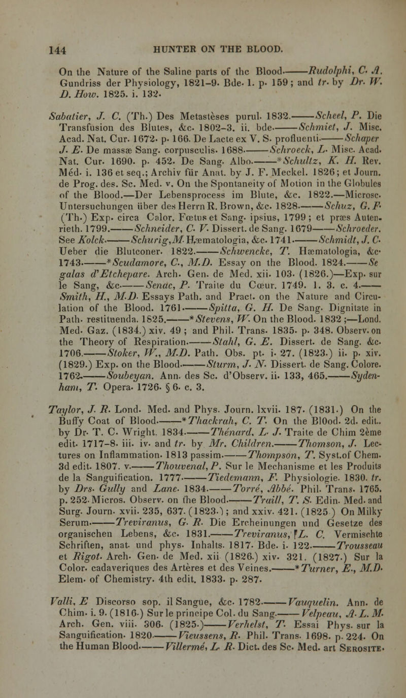 On the Nature of the Saline parts of the Blood Rudolphi, C A. Gundriss der Physiology, 1821-9. Bde. 1. p- 159; and tr. by Dr. W. D.How. 1825. i. 132. Sabutier, J. C. (Th.) Des Metastases purul. 1832. Schee.l, P. Die Transfusion des Blutes, &c 1802-3. ii. bde Schmiet, J. Misc. Acad. Nat. Cur. 1672. p. 166. De Lacte ex V. S. profluenti. Schapcr J. E. De massae Sang, corpusculis- 1688 Schroeck, L- Misc. Acad. Nat. Cur. 1690. p. 452. De Sang. Albo——*Schultz, K. H. Rev. Med. i. 136etseq.; Archiv fur Anat. by J. F. Meckel. 1826; et Journ. de Prog. des. Sc. Med. v. On the Spontaneity of Motion in the Globules of the Blood.—Der Lebensprocess im Blute, &c. 1822.—Microsc. Untersuchungen iiber des HerrnR. Brown, &c. 1828 Schuz, G. F- (Th.) Exp. circa Calor. Foetus et Sang, ipsius, 1799; et praes Auten- rieth. 1799. Schneider, C- V. Dissert, de Sang. 1679 Schroeder. See Kolck Schurig,M- H/ematologia, &c 1741 Schmidt, J. C- Ueber die Blutconer. 1822. Schwencke, T Haematologia, &c 1743 *Scudamore, C, M.D. Essay on the Blood. 1824. Se galas d'Etchepare. Arch. Gen. de Med. xii. 103- (1826.)—Exp. sur le Sang, &c Senac, P. Traite du Cceur. 1749. 1. 3. c. 4. Smith, H., M.D- Essays Path, and Pract. on the Nature and Circu- lation of the Blood. 1761. Spitta, G. H. De Sang. Dignitate in Path, restituenda. 1825. * Stevens, W. On the Blood. 1832 ;—Lond. Med- Gaz. (1834.) xiv. 49 ; and Phil. Trans. 1835. p. 348. Observ.on the Theory of Respiration Stahl, G. E. Dissert, de Sang. &c 1706. Stoker, W„ M.D. Path. Obs. pt. i- 27. (1823.) ii. p. xiv. (1829.) Exp. on the Blood Sturm, J. N- Dissert, de Sang. Colore. 1762 Soubeyan. Ann. des Sc. d'Observ. ii. 133, 465. Syden- ham, T. Opera. 1726- § 6. c. 3. Taylor, J- R. Lond. Med. and Phys. Journ. lxvii. 187. (1831.) On the Buffy Coat of Blood *Thackrah, C. T On the BlOod. 2d. edit- by Dr- T. C Wright. 1834 Thenard, L- J. Traite de China 2eme edit. 1717-8. iii. iv. and tr. by Mr. Children. Tliomson, J. Lec- tures on Inflammation. 1813 passim Thompson, T. Syst.of Chern. 3d edit. 1807. v. Thouvenal, P. Sur le Mechanisme et les Produit3 de la Sanguification. 1777 Tiedemann, F. Physiologie. 1830. tr. by Drs. Gully and Lane. 1834. Torre, Abbe. Phil. Trans. 1765. p. 252. Micros. Observ. on the Blood Traill, T. S. Edin. Med. and Surg. Journ. xvii. 235, 637. (18230 ; and xxiv. 421. (1825 ) On Milky Serum Treviranus, G. R. Die Ercheinungen und Gesetze des organischen Lebens, &c 1831. Treviranus, }L. C. Vermischte Schriften, anat und phys- Inhalts. 1817- Bde. i. 122 Trousseau et Rigot. Arch. Gen. de Med. xii (1826.) xiv. 321. (1827.) Sur la Color, cadaveriques des Arteres et des Veines. * Turner, E-, M.D. Elem- of Chemistry. 4th edit. 1833. p. 287. Valli, E Discorso sop. il Sangue, &c- 1782 Vauquelin. Ann. de Chim. i. 9. (1816) Sur le principe Col. du Sang. Velpeau, A.E.M- Arch. Gen. viii. 306. (1825-) Verhelst, T Essai Phys. sur la Sanguification. 1820 Vieussens, R. Phil. Trans. 1698. p. 224- On the Human Blood Villerme, E R- Diet, des Sc Med. art Serosite-