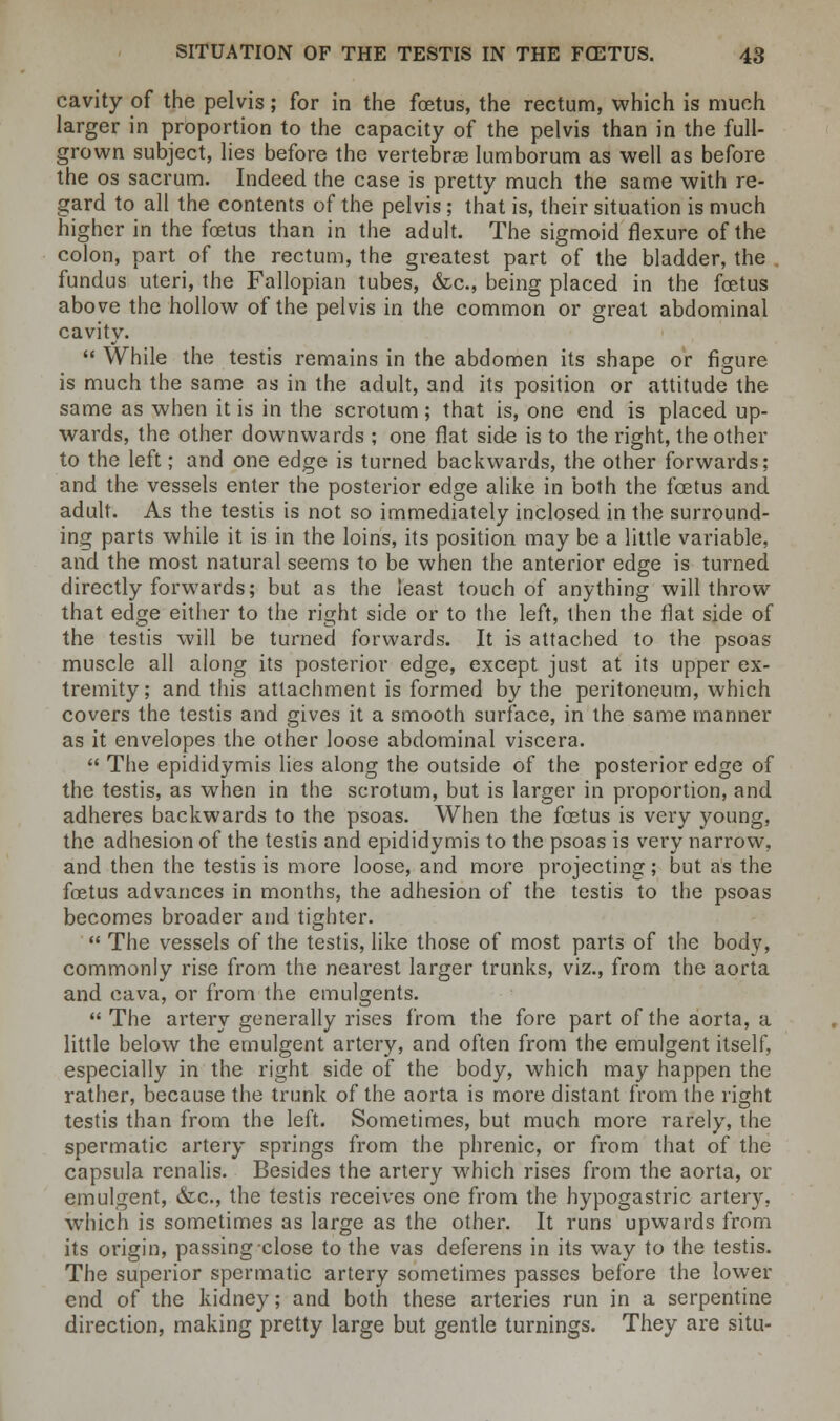 cavity of the pelvis ; for in the foetus, the rectum, which is much larger in proportion to the capacity of the pelvis than in the full- grown subject, lies before the vertebras lumborum as well as before the os sacrum. Indeed the case is pretty much the same with re- gard to all the contents of the pelvis ; that is, their situation is much higher in the foetus than in the adult. The sigmoid flexure of the colon, part of the rectum, the greatest part of the bladder, the fundus uteri, the Fallopian tubes, &c, being placed in the foetus above the hollow of the pelvis in the common or great abdominal cavity. While the testis remains in the abdomen its shape or figure is much the same as in the adult, and its position or attitude the same as when it is in the scrotum; that is, one end is placed up- wards, the other downwards ; one flat side is to the right, the other to the left; and one edge is turned backwards, the other forwards; and the vessels enter the posterior edge alike in both the foetus and adult. As the testis is not so immediately inclosed in the surround- ing parts while it is in the loins, its position may be a little variable, and the most natural seems to be when the anterior edge is turned directly forwards; but as the least touch of anything will throw that edge either to the right side or to the left, then the flat side of the testis will be turned forwards. It is attached to the psoas muscle all along its posterior edge, except just at its upper ex- tremity; and this attachment is formed by the peritoneum, which covers the testis and gives it a smooth surface, in the same manner as it envelopes the other loose abdominal viscera. The epididymis lies along the outside of the posterior edge of the testis, as when in the scrotum, but is larger in proportion, and adheres backwards to the psoas. When the foetus is very young, the adhesion of the testis and epididymis to the psoas is very narrow, and then the testis is more loose, and more projecting; but as the foetus advances in months, the adhesion of the testis to the psoas becomes broader and tighter. The vessels of the testis, like those of most parts of the body, commonly rise from the nearest larger trunks, viz., from the aorta and cava, or from the emulgents. The artery generally rises from the fore part of the aorta, a little below the emulgent artery, and often from the emulgent itself, especially in the right side of the body, which may happen the rather, because the trunk of the aorta is more distant from the right testis than from the left. Sometimes, but much more rarely, the spermatic artery springs from the phrenic, or from that of the capsula renalis. Besides the artery which rises from the aorta, or emulgent, &c, the testis receives one from the hypogastric artery, which is sometimes as large as the other. It runs upwards from its origin, passing close to the vas deferens in its way to the testis. The superior spermatic artery sometimes passes before the lower end of the kidney; and both these arteries run in a serpentine direction, making pretty large but gentle turnings. They are situ-