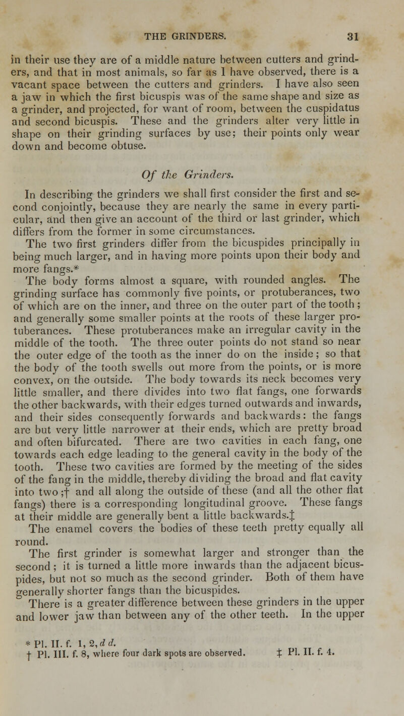 in their use they are of a middle nature between cutters and grind- ers, and that in most animals, so far as 1 have observed, there is a vacant space between the cutters and grinders. I have also seen a jaw in which the first bicuspis was of the same shape and size as a grinder, and projected, for want of room, between the cuspidatus and second bicuspis. These and the grinders alter very little in shape on their grinding surfaces by use; their points only wear down and become obtuse. Of the Grinders. In describing the grinders we shall first consider the first and se- cond conjointly, because they are nearly the same in every parti- cular, and then give an account of the third or last grinder, which differs from the former in some circumstances. The two first grinders differ from the bicuspides principally in being much larger, and in having more points upon their body and more fangs.* The body forms almost a square, with rounded angles. The grinding surface has commonly five points, or protuberances, two of which are on the inner, and three on the outer part of the tooth ; and generally some smaller points at the roots of these larger pro- tuberances. These protuberances make an irregular cavity in the middle of the tooth. The three outer points do not stand so near the outer edge of the tooth as the inner do on the inside; so that the body of the tooth swells out more from the points, or is more convex, on the outside. The body towards its neck, becomes very little smaller, and there divides into two flat fangs, one forwards the other backwards, with their edges turned outwards and inwards, and their sides consequently forwards and backwards: the fangs are but very little narrower at their ends, which are pretty broad and often bifurcated. There are two cavities in each fang, one towards each edge leading to the general cavity in the body of the tooth. These two cavities are formed by the meeting of the sides of the fang in the middle, thereby dividing the broad and flat cavity into two ;f and all along the outside of these (and all the other flat fangs) there is a corresponding longitudinal groove. These fangs at their middle are generally bent a little backwards.J The enamel covers the bodies of these teeth pretty equally all round. The first grinder is somewhat larger and stronger than the second; it is turned a little more inwards than the adjacent bicus- pides, but not so much as the second grinder. Both of them have generally shorter fangs than the bicuspides. There is a greater difference between these grinders in the upper and lower jaw than between any of the other teeth. In the upper *P1. II. f. l,2,dd. + PI. III. f. 8, where four dark spots are observed. % ^- H- *• 4-