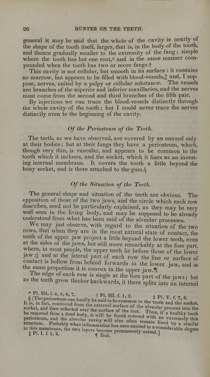 general it may be said that the whole of the cavity is nearly of the shape of the tooth itself, larger, that is, in the body of the tooth, and thence gradually smaller to the extremity of the fang; simple where the tooth has but one root,* and in the same manner com- pounded when the tooth has two or more fangs.f This cavity is not cellular, but smooth in its surface : it contains no marrow, but appears to be filled with blood-vessels,:}; and, I sup- pose, nerves, united by a pulpy or cellular substance. The vessels are branches of the superior and inferior maxillaries, and the nerves must come from the second and third branches of the fifth pair. By injections we can trace the blood-vessels distinctly through the whole cavity of the tooth; but I could never trace the nerves distinctly even to the beginning of the cavity. Of the Periosteum of the Teeth. The teeth, as we have observed, are covered by an enamel only at their bodies; but at their fangs they have a periosteum, which, though very thin, is vascular, and appears to be common to the tooth which it incloses, and the socket, which it lines as an invest- ing internal membrane. It covers the tooth a little beyond the bony socket, and is there attached to the gum.§ Of the Situation of the Teeth. The general shape and situation of the teeth are obvious. The opposition of those of the two jaws, and the circle which each row describes, need not be particularly explained, as they may be very well seen in the living body, and may be supposed to be already understood from what has been said of the alveolar processes. We may just observe, with regard to the situation of the two rows, that when they are in the most natural state of contact, the teeth of the upper jaw project a little beyond the lower teeth, even at the sides of the jaws, but still more remarkably at the fore part where, in most people, the upper teeth lie before those of the lower jaw ;|| and at the lateral part of each row the line or surface of contact is hollow from behind forwards in the lower law, and in the same proportion it is convex in the upper jaw.l Ine edge of each row is single at the fore part of the iaws- but as the teeth grow thicker backwards, it there SptoIntoSterna! • PI. 411. f. 4, 5, 6, 7. t P]. HI. f. j 2. . p socket, and then reflectedTve^suZe'ofZ oo * tl'VT*?^0 ^ be removed from a dead body it will Kp fY>,,nH J„ i , ' lf a healthy tooth periosteum, and .he alveola?'cavhv will also ofl ! T^ ,? ex^mely thin structure. Probably when inHamStS h^^ onceexisteTtn ^ by a s'mi,ar  I PI T?lT U,e tW° Iayer5 beco™ p'r^neXu„UeV]nS'derab'e ^