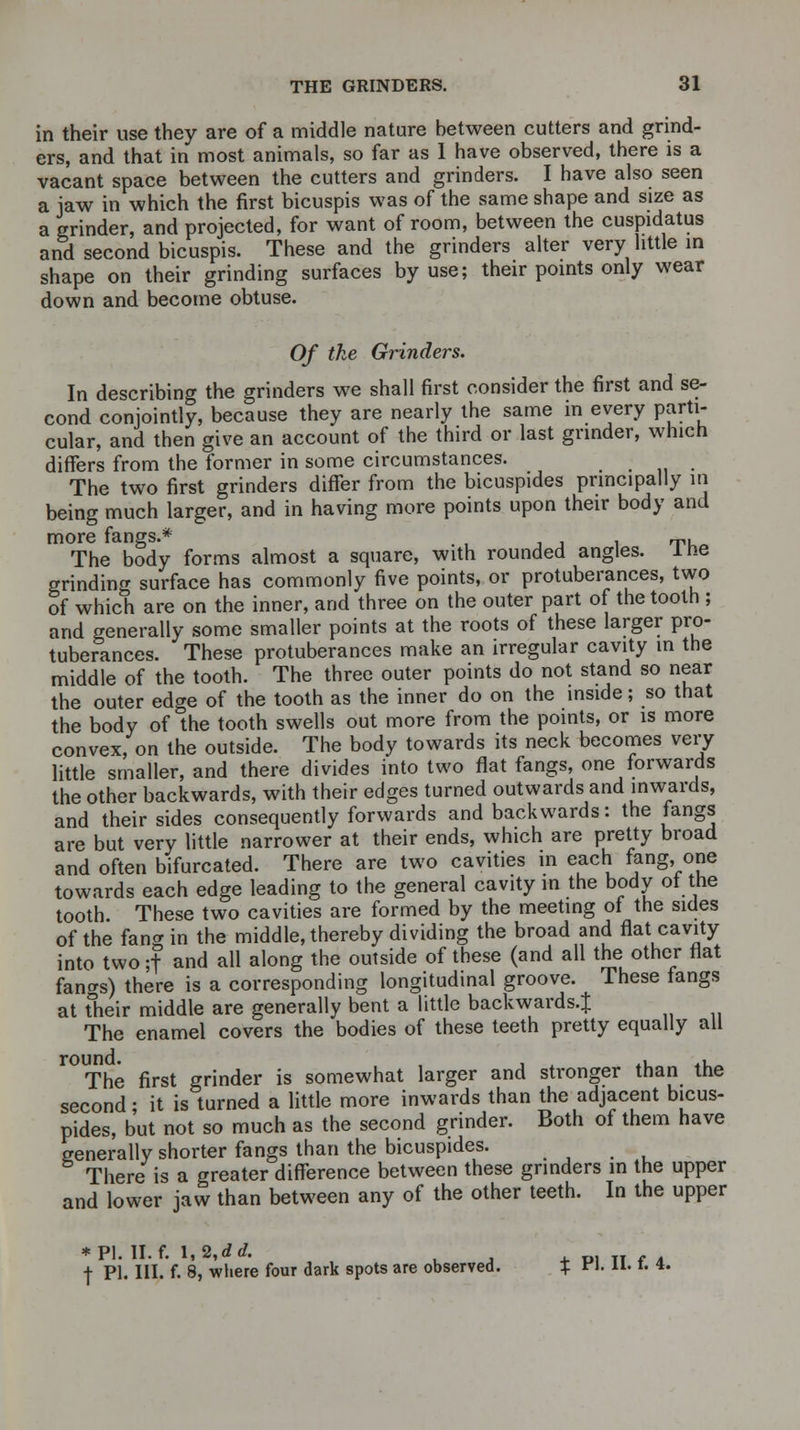 in their use they are of a middle nature hetween cutters and grind- ers, and that in most animals, so far as 1 have observed, there is a vacant space between the cutters and grinders. I have also seen a jaw in which the first bicuspis was of the same shape and size as a grinder, and projected, for want of room, between the cuspidatus and second bicuspis. These and the grinders alter very little in shape on their grinding surfaces by use; their points only wear down and become obtuse. Of the Grinders. In describing the grinders we shall first consider the first and se- cond conjointly, because they are nearly the same in every parti- cular, and then give an account of the third or last grinder, which differs from the former in some circumstances. The two first grinders differ from the bicuspides principally in being much larger, and in having more points upon their body and more fangs.* The body forms almost a square, with rounded angles. The grinding surface has commonly five points, or protuberances, two of which are on the inner, and three on the outer part of the tooth ; and generally some smaller points at the roots of these larger pro- tuberances. These protuberances make an irregular cavity in the middle of the tooth. The three outer points do not stand so near the outer edge of the tooth as the inner do on the inside; so that the body of the tooth swells out more from the points, or is more convex, on the outside. The body towards its neck becomes very little smaller, and there divides into two flat fangs, one forwards the other backwards, with their edges turned outwards and inwards, and their sides consequently forwards and backwards: the tangs are but very little narrower at their ends, which are pretty broad and often bifurcated. There are two cavities in each rang, one towards each edge leading to the general cavity in the body ot the tooth These two cavities are formed by the meeting of the sides of the fang in the middle, thereby dividing the broad and flat cavity into two ;t and all along the outside of these (and all the other flat fantrs) there is a corresponding longitudinal groove. These tangs at Their middle are generally bent a little backwards-! The enamel covers the bodies of these teeth pretty equally all The first grinder is somewhat larger and stronger than the second ■ it is turned a little more inwards than the adjacent bicus- pides, but not so much as the second grinder. Both of them have generally shorter fangs than the bicuspides. There is a greater difference between these grinders in the upper and lower jaw than between any of the other teeth. In the upper * PI. IT- f. l,2,dd. f PI. III. f. 8, where four dark spots are observed. % VI. 11. l. 4.
