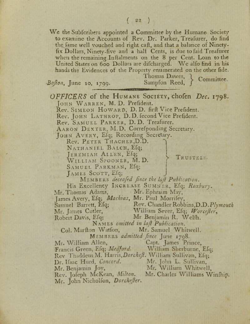 We the Subscribers appointed a Committee by the Humane Society to examine the Accounts of Rev. Dr. Parker, Treafurer, do find the fame well vouched and right caff, and that a balance of Ninety- fix Dollars, Ninety-five and a half Cents, is due to faid Treafurer when the remaining Inftalments on the 8 per Cent. Loan to the United States on 600 Dollars are difcharged. We alfo find in his hands the Evidences of the Property enumerated on the other fide. Thomas Dawes, 1 p ■Bojion, June 10, 1799. Sampfon Reed, j IUWi' — OFFICERS of the Humane Society, chofen Dec. 1798. John Warren, M. D. Prefident. Rev. Simeon Howard, D. D. fir ft Vice Prefident. Rev. John Lathrop, D.D. fecond Vice Prefident. Rev. Samuel Parkeh, D.D. Treafurer. Aaron Dexter, M.D. Correfponding Secretary. John Avery, Efq; Recording Secretary. Rev. Peter Thacher,D.D. ^ Nathaniel Balch, Efq; | Jeremiah Allen, Efq; I T _ William Spooner, M.D. f 1RUSfi- Samuel ParKman, Efq; James Scott, Efq; J Members deceafed Jince the lajl Publication. His Excellency Increase Sumner, Efq; Roxbury. Mr. Thomas Adams, Mr. Ephraim May, James Avery, Efq; Mackias, Mr. Paul Morrifey, Samuel Barrett, Efq; Rev. Chandler Robbins,D.D.Plymouth Mr. James Cutler, William Sever, Efq; Worcejler, Robert Davis, Efq-, Mr Benjamin R. Welfh. Names omitted in lajl Publication. Col. Marfton Watfon, Mr. Samuel Whitwell. Members admitted Jince June 1798. Mr. William Allen, Capt. James Prince, Francis Green, Efq; Medford. William Sherburne, Efq; Rev Thaddeus M. Harris,Dorchejl. William Sullivan, Efq; Dr. Ifaac Hnrd, Concord. Mr. John L. Sullivan, Mr. Benjamin Joy, Mr. William Whitwell, Rev. Tofeph McKean, Milton. Mr. Charles Williams Winfhip, Mr. John Nicholfon, Dorchc/lcr.