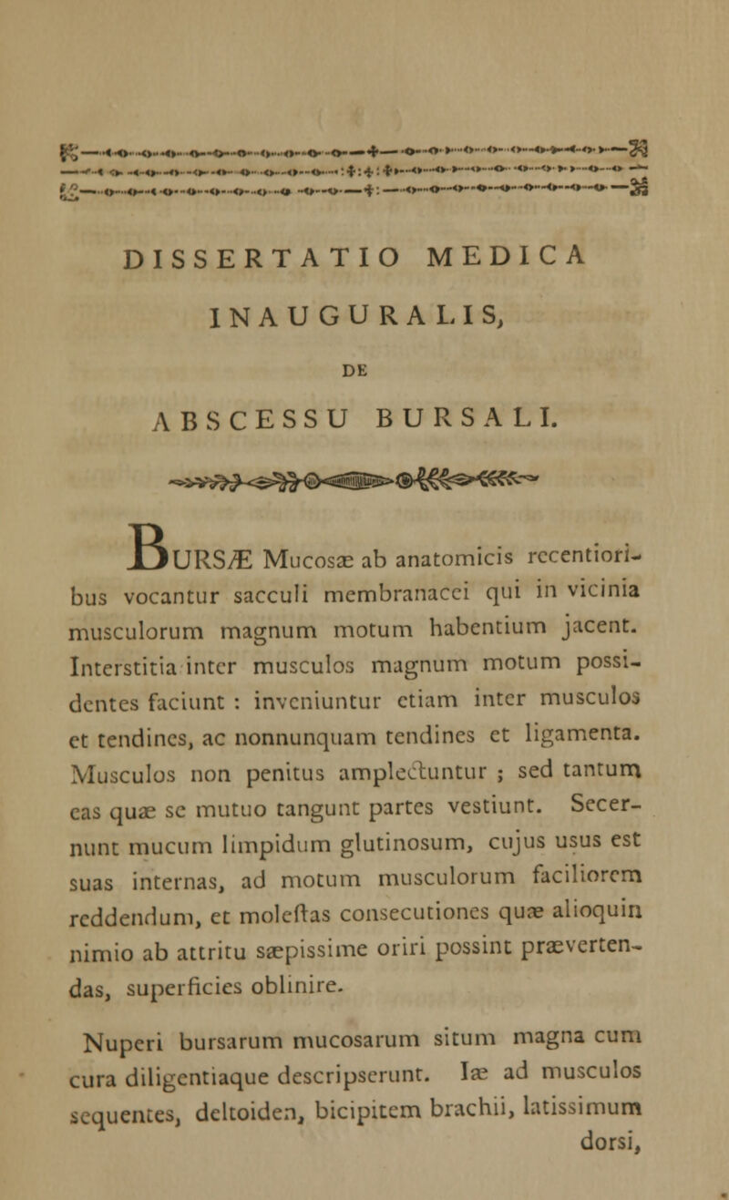 —-*..« <»..«..<»...,>.-<>_.<►- «...<>__<»--<»..... :<•:.», :*»--<►--«>•>—«>—«>•■«>—«>>•>--«>--«> - * » <>_..<>--< 0--0--0- <>- <> -<# ••«»o—•*: —i» « !»'■•■• ■ > » • —| DISSERTATIO MEDICA INAUGURALIS, DE ABSCESSU BURSALI. 1JURS.E Mucosae ab anatomicis rccentiori- bus vocantur sacculi membranacci qui in vicinia musculorum magnum motum habentium jacent. Interstitia intcr musculos magnum motum possi- dentes faciunt : invcniuntur ctiam intcr musculos ct tendincs, ac nonnunquam tendincs ct ligamenta. Musculos non penitus amplectuntur ; sed tantum cas quae sc mutuo tangunt partes vestiunt. Secer- nunt mucum Iimpidum glutinosum, cujus usus est suas internas, ad motum musculorum faciliorcm reddendum, et moleftas consccutiones quae alioquin nimio ab attritu saepissimc oriri possint praeverten- das, superficics oblinire. Nuperi bursarum mucosarum situm magna cum cura diligcntiaque descripserunt. Iae ad musculos sequentes, deltoiden, bicipitem brachii, latissimum dorsi,