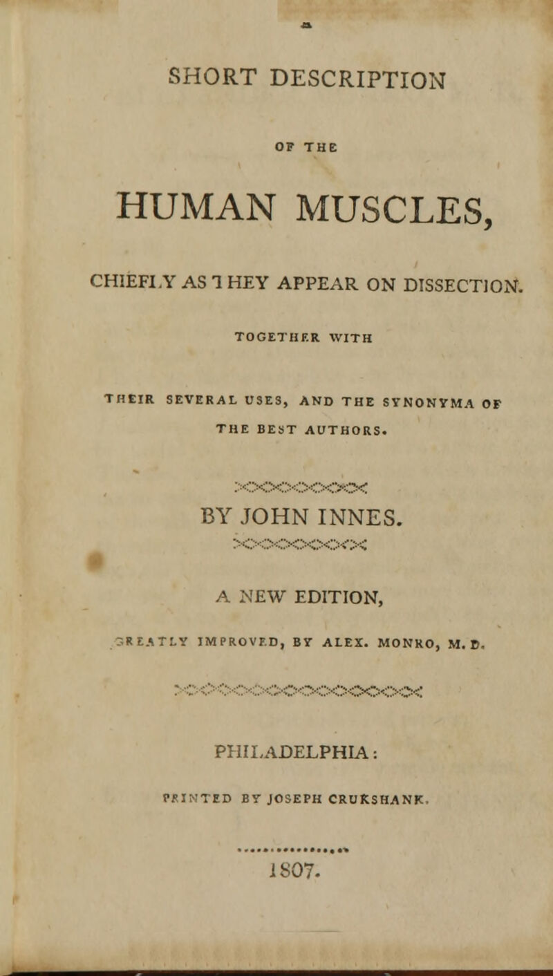 SHORT DESCRIPTION OF THE HUMAN MUSCLES, CHIEFLY AS 1 HEY APPEAR ON DISSECTION. TOGETHER WITH THEIR SEVERAL USES, AND THE SYNONVMA OF THE BEST AUTHORS. xxxxx>oc< BY JOHN INNES. A NEW EDITION, GREATLY IMPROVED, BY ALEX. MONRO, M. B. : c ooooooo< PHIIADELPHIA: PKINTED By JOSEPH CRUKSHANK, 1807-