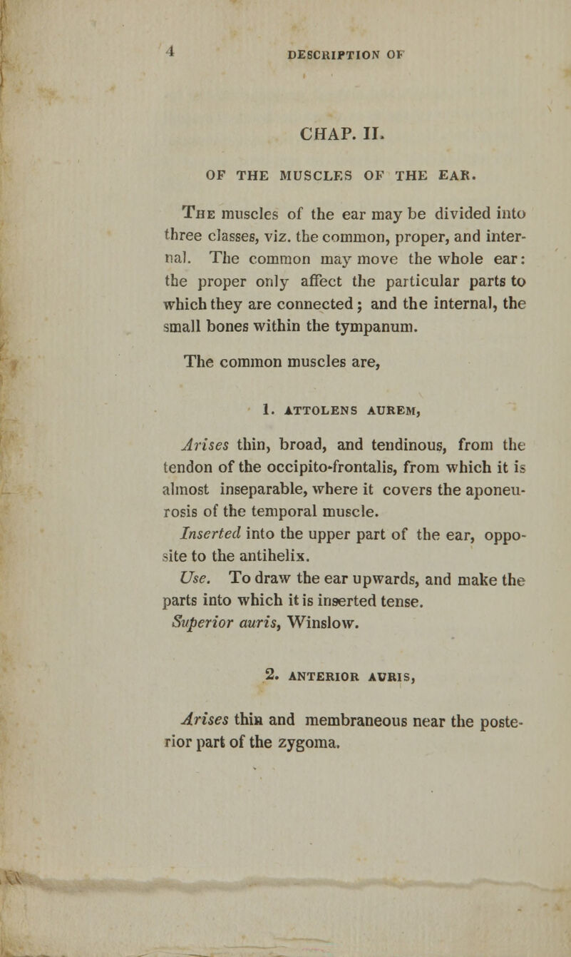 CHAP. II. OF THE MUSCLES OF THE EAR. The muscles of the ear may be divided into three classes, viz. the common, proper, and inter- nal. The common may move the whole ear: the proper only affect the particular parts to which they are connected; and the internal, the small bones within the tympanum. The common muscles are, 1. ATTOLENS AUREM, Arises thin, broad, and tendinous, from the tendon of the occipito-frontalis, from which it is almost inseparable, where it covers the aponeu- rosis of the temporal muscle. Inserted into the upper part of the ear, oppo- site to the antihelix. Use. To draw the ear upwards, and make the parts into which it is inserted tense. Superior auris, Winslow. 2. ANTERIOR AURIS, Arises thin and membraneous near the poste- rior part of the zygoma.