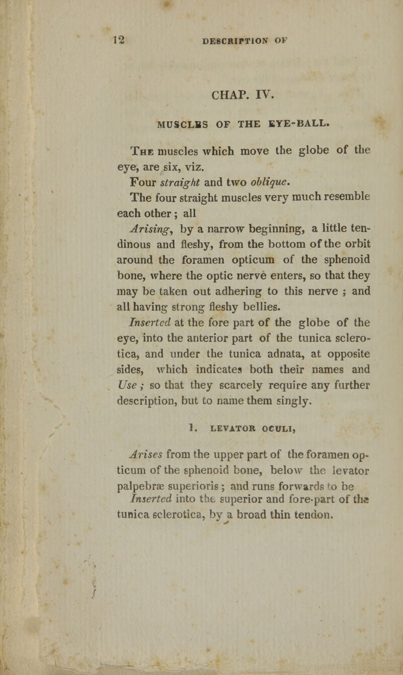 CHAP. IV. MUSCLBS OF THE EYE-BALL. The muscles which move the globe of the eye, are six, viz. Four straight and two oblique. The four straight muscles very much resemble each other; all Arising, by a narrow beginning, a little ten- dinous and fleshy, from the bottom of the orbit around the foramen opticum of the sphenoid bone, where the optic nerve enters, so that they may be taken out adhering to this nerve ; and all having strong fleshy bellies. Inserted at the fore part of the globe of the eye, into the anterior part of the tunica sclero- tica, and under the tunica adnata, at opposite sides, which indicates both their names and Use; so that they scarcely require any further description, but to name them singly. 1. LEVATOR OCULI, Arises from the upper part of the foramen op- ticum of the sphenoid bone, below the levator palpebras superioris; and runs forwards to be Inserted into the superior and fore-part of th« tunica sclerotica, by a broad thin tendon.