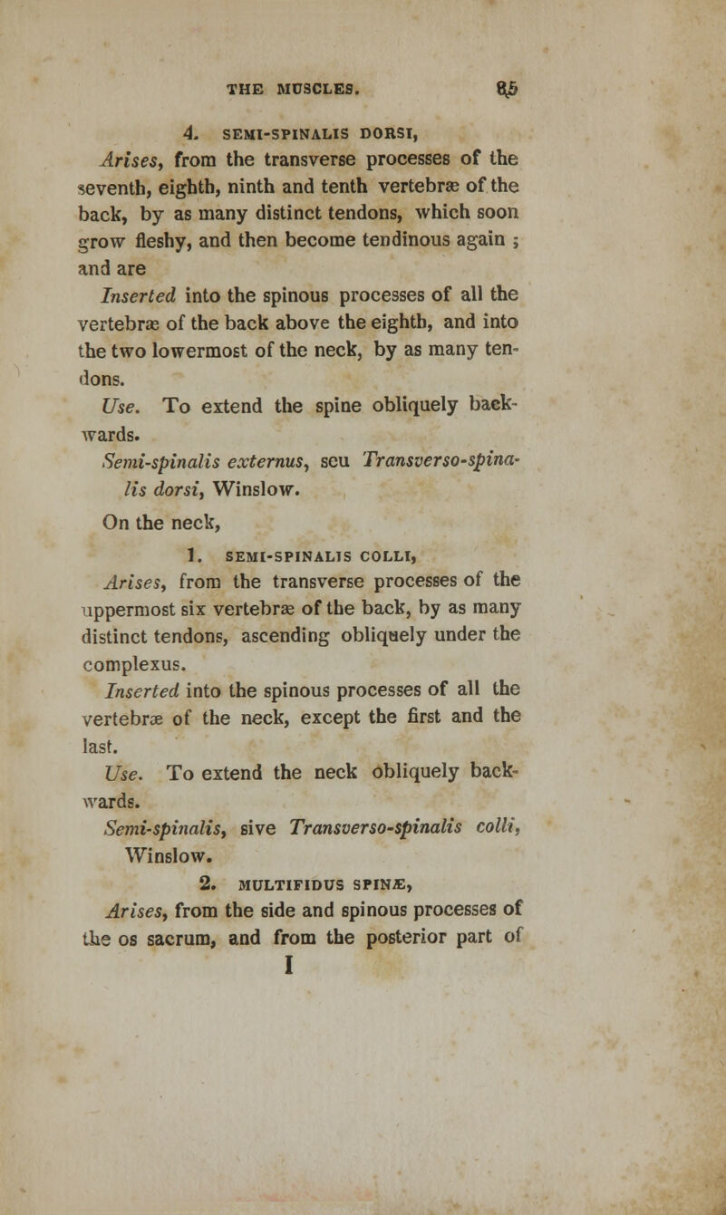 4. SEMI-SPINALIS DORSI, Arises, from the transverse processes of the seventh, eighth, ninth and tenth vertebra? of the back, by as many distinct tendons, which soon grow fleshy, and then become tendinous again ; and are Inserted into the spinous processes of all the vertebras of the back above the eighth, and into the two lowermost of the neck, by as many ten- dons. Use. To extend the spine obliquely back- wards. Semi-spinalis externus, scu Transverso-spina- lis dorsi, Winslow. On the neck, 1. SEMI-SPINALIS COLLI, Arises, from the transverse processes of the uppermost six vertebras of the back, by as many distinct tendons, ascending obliquely under the complexus. Inserted into the spinous processes of all the vertebras of the neck, except the first and the last. Use. To extend the neck obliquely back- wards. Semi-spinalis, sive Transverso-spinalis colli, Winslow. 2. MULTIFIDUS SPIN2E, Arises, from the side and spinous processes of the os sacrum, and from the posterior part of I