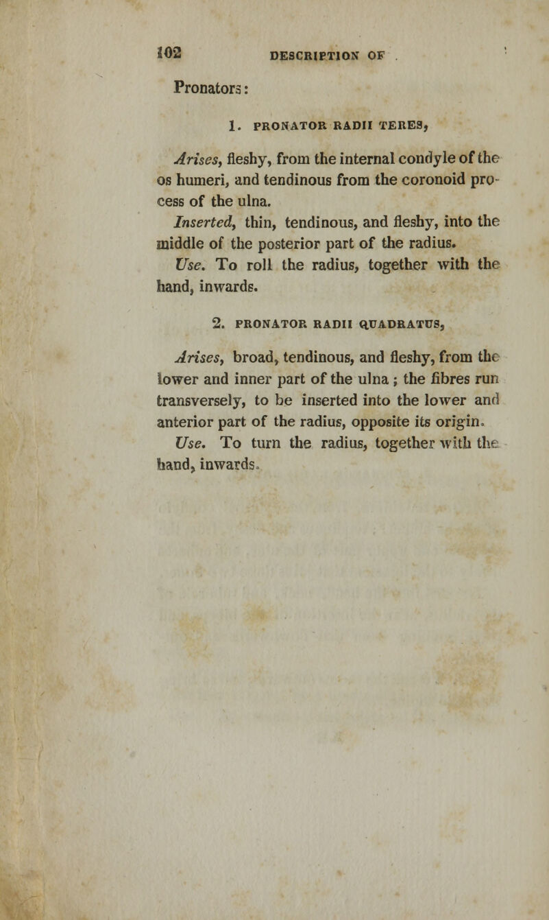 Pronators: 1. PRONATOR RADII TERES, Arises, fleshy, from the internal condyle of the os humeri, and tendinous from the coronoid pro cess of the ulna. Inserted, thin, tendinous, and fleshy, into the middle of the posterior part of the radius. Use. To roll the radius, together with the hand, inwards. 2. PRONATOR RADII Q.UADRATDS, Arises, broad, tendinous, and fleshy, from the lower and inner part of the ulna ; the fibres run transversely, to be inserted into the lower and anterior part of the radius, opposite its origin. Use. To turn the radius, together -with the hand, inwards,