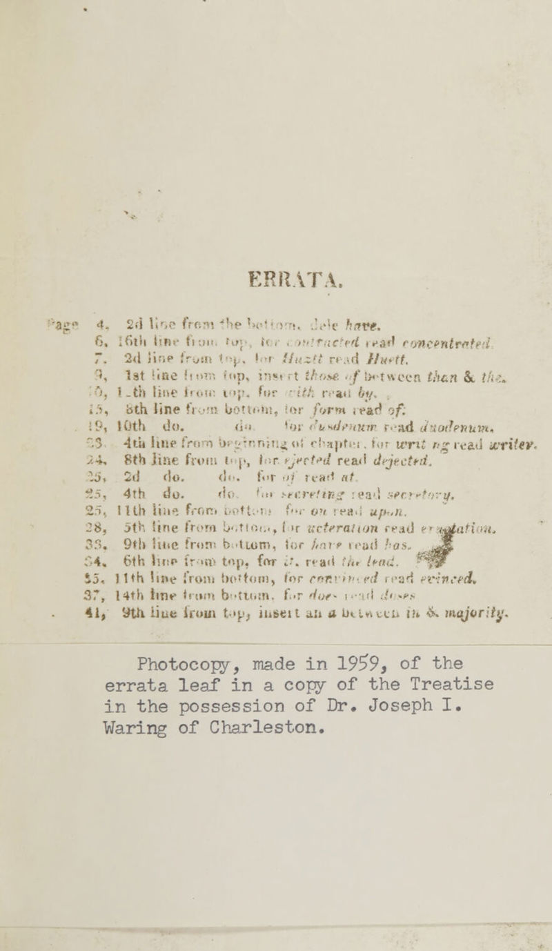 ERRATA. 'J. 2d l>-.;s from the !x»ii »m. Jt*5e '',7t*e. 6. :<i!m line fiou :; i' 1 tuitncted i*sd concent r*ttt I 7. 2<l )i:.f from ! : . ••! f/uctt r» ui fJttett. '», Tat !ino fiom top, insi rt (Ao*e ^between Mt.i &. r. .-, '.'. l_th line from t >;•. for :/,'. r.m l,vs 15, bth line fryna bottom, ior i'Wm i eaH of: 19, 10th do. u-i i'oi rfuHdrmrm read duodenum* •3 4th Imp fro n ;>- rnnii $» ol rhaptai. f«i «tu* r*g tva.ti itrifev- ^.4, 8th jine from ( p, fur t>jetted rea<i dejtcttd. lj> 2d do. do. for !>/ read at 4th do. do h«i H'creting read secrrtrivy. i llh line from bottt-nj ?>•.• ov re«ti */>-.>,-. ~8, 5th line from b*;trou<, i >r uctsralion read tntftati m. 33, 9tl» Ittie from h ttom, lor /«it-f read Aas. ..,^8 54. 6th lu;p from top, for jf. r< a<i fA» /mm*. ^'*>§F J5« Jl*h line from bottom, f«>r ctinvitaed n-ud evineed, 3T, Hth tint* Irtwn bottom, fur ''..>•- ■■■■■ tl .,'«-*.•• 41, 9th. iiut: from top; insett ait a uttwecu !.•«. & majority. Photocopy, made in 1959, of the errata leaf in a copy of the Treatise in the possession of Dr. Joseph I. Waring of Charleston.