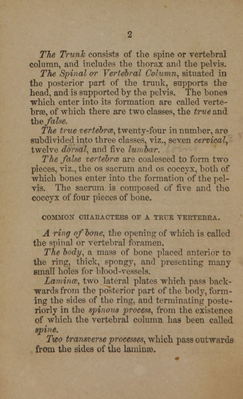 The Trunk consists of the spine or vertebral column, and includes the thorax and the pelvis. The Spinal or Vertebral Column, situated in the posterior part of the trunk, supports the head, and is supported by the pelvis. The bones which enter into its formation are called verte- brae, of which there are two classes, the true and the fake. The true vertebrae, twenty-four in number, are subdivided into three classes, viz., seven cervical, twelve dorsal, and five lumbar. The false vertebra} are coalesced to form two pieces, viz., the os sacrum and os coccyx, both of which bones enter into the formation of the pel- vis. The sacrum is composed of five and the coccyx of four pieces of bone. COMMON CHARACTERS OF A TRUE VERTEBRA. A ring of bone, the opening of which is called the spinal or vertebral foramen. The body, a mass of bone placed anterior to the ring, thick, spongy, and presenting many small holes for Mood-vessels. Lamina', two lateral plates which pass back- wards from the posterior part of the body, form- ing the sides of the ring, aud terminating poste- riorly in the spinous process, from the existence of which the vertebral column has been called spine. Two transverse processes, which pass outwards from the sides of the lamina).