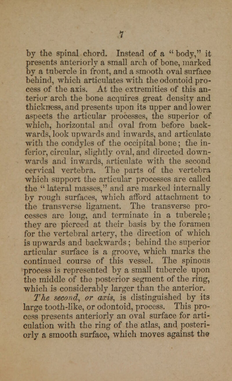 by the spinal chord. Instead of a  body, it presents anteriorly a small arch of bone, marked by a tnbercle in front, and a smooth oval surface behind, which articulates with the odontoid pro- cess of the axis. At the extremities of this an- terior arch the bone acquires great density and thickness, and presents upon its upper and lower aspects the articular processes, the superior of which, horizontal and oval from before back- wards, look upwards and inwards, and articulate with the condyles of the occipital bone; the in- ferior, circular, slightly oval, and directed down- wards and inwards, articulate with the second cervical vertebra. The parts of the vertebra which support the articular processes are called the  lateral masses, and are marked internally by rough surfaces, which afford attachment to the transverse ligament. The transverse pro- cesses are long, and terminate in a tubercle; they are pierced at their basis by the foramen for the vertebral artery, the direction of which is upwards and backwards ; behind the superior articular surface is a groove, which marks the continued course of this vessel. The spinous process is represented by a small tubercle upon the middle of the posterior segment of the ring, which is considerably larger than the anterior. The second, or axis, is distinguished by its large tooth-like, or odontoid, process. This pro- cess presents anteriorly an oval surface for arti- culation with the ring of the atlas, and posteri- orly a smooth surface, which moves against the